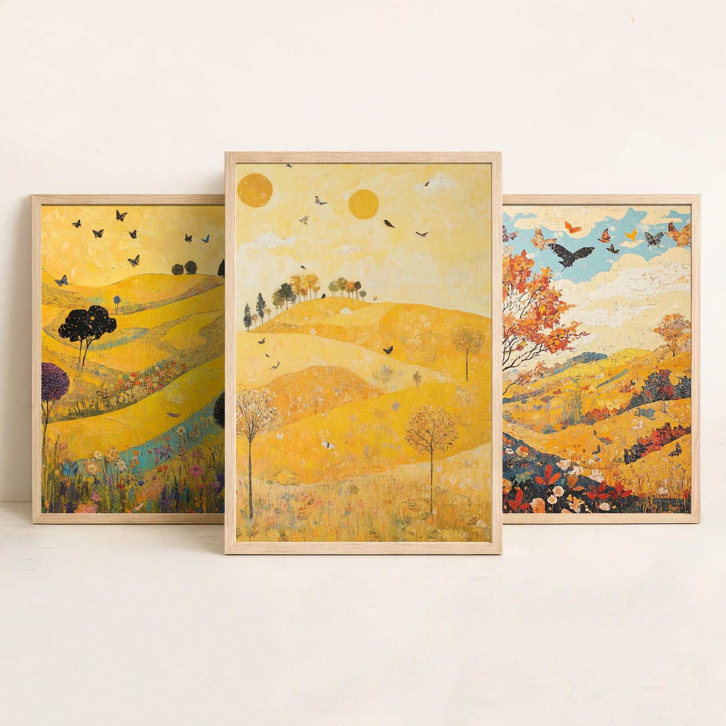 Rolling Hills Butterfly Set of Three Art Prints - Sunshine Yellow - Folk Meadow Poster Illustration Gift