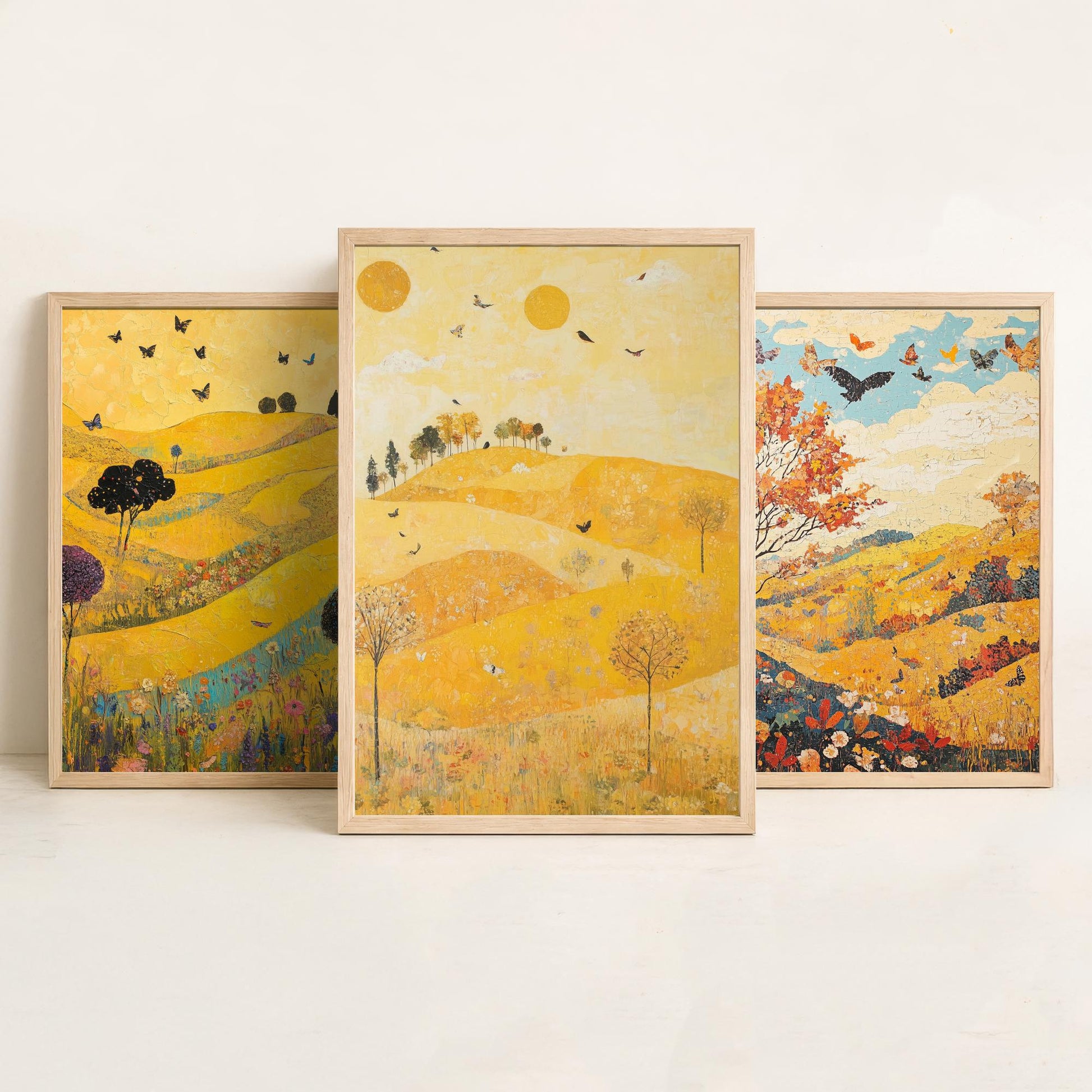 Rolling Hills Butterfly Set of Three Art Prints - Sunshine Yellow - Folk Meadow Poster Illustration Gift