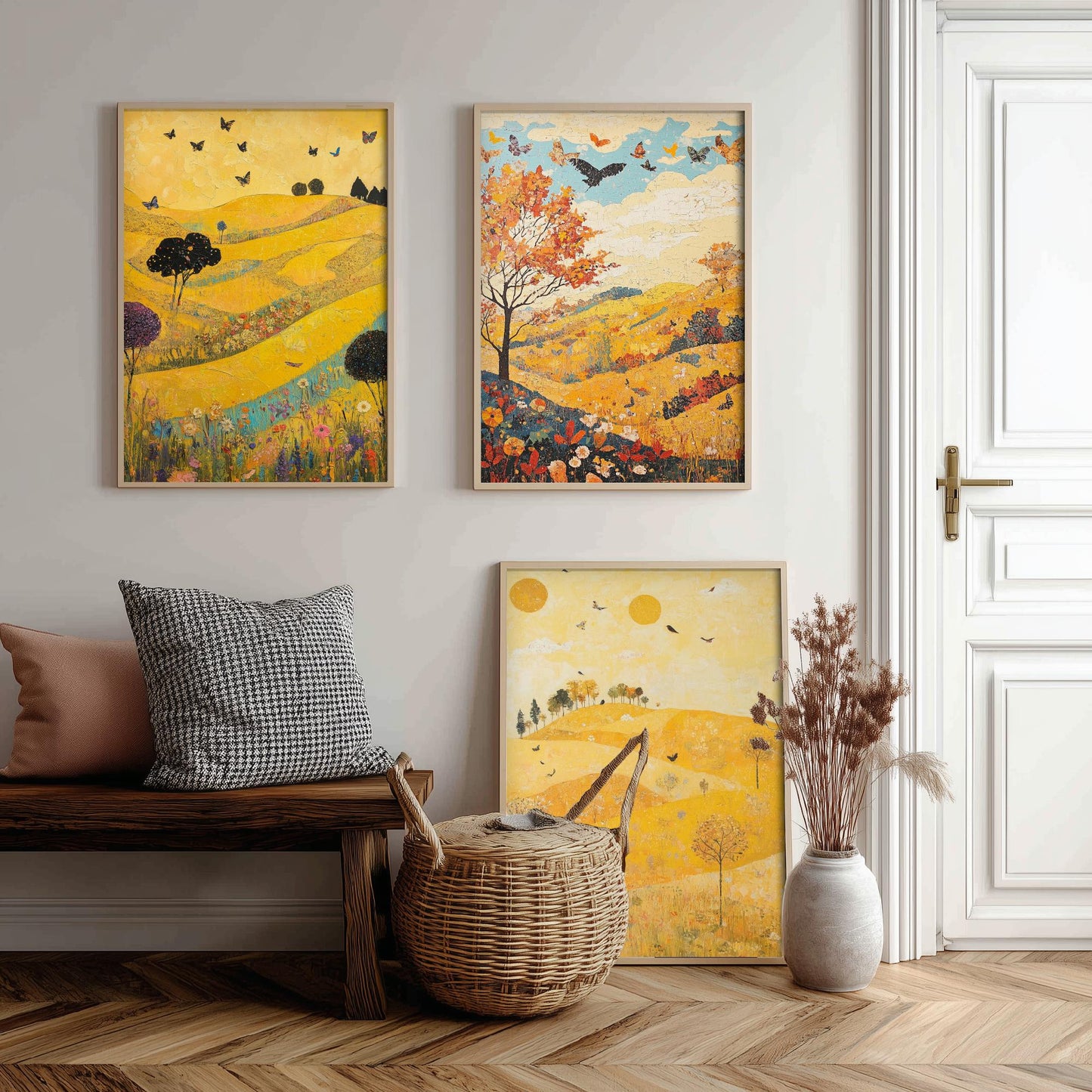 Rolling Hills Butterfly Set of Three Art Prints - Sunshine Yellow - Folk Meadow Poster Illustration Gift