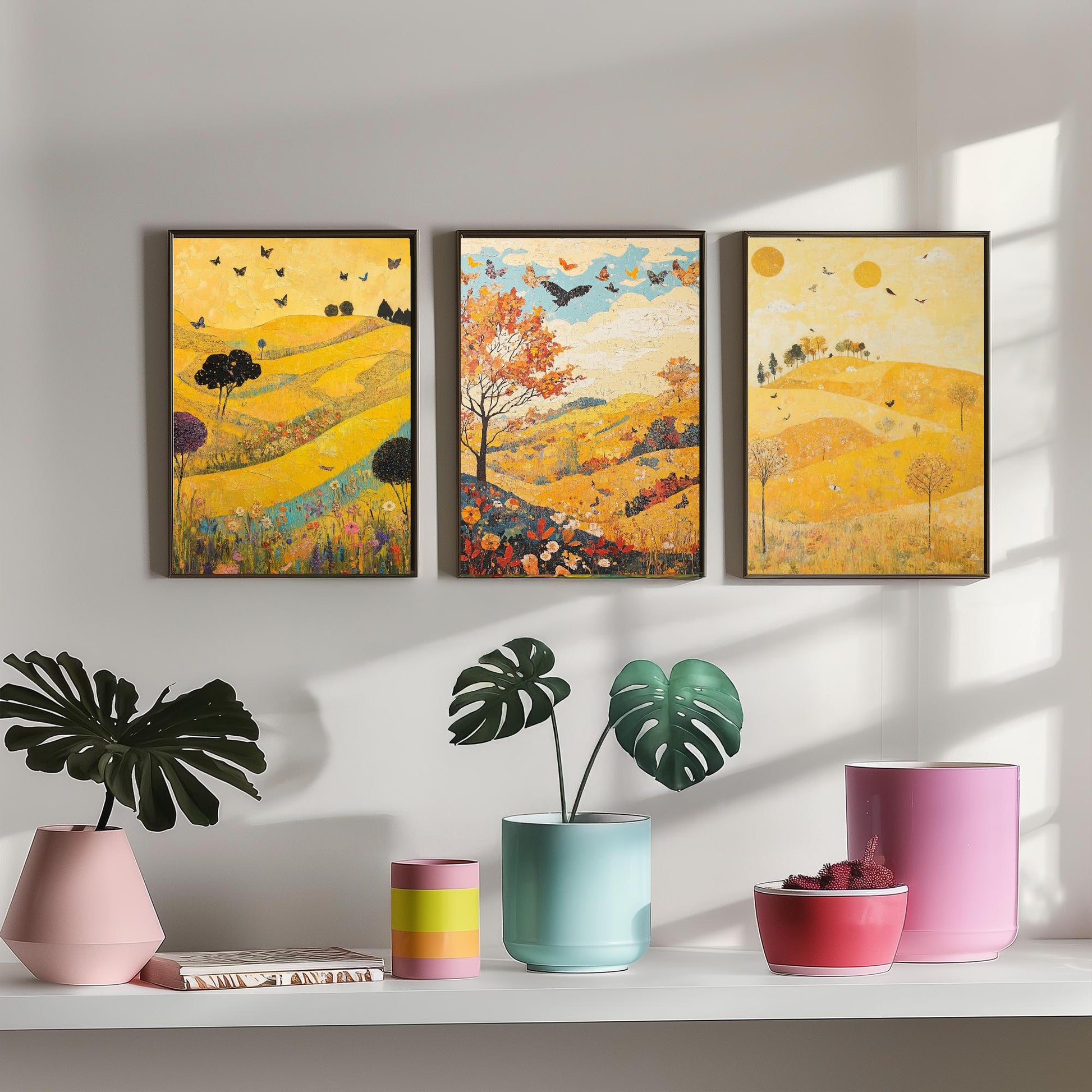 Rolling Hills Butterfly Set of Three Art Prints - Sunshine Yellow - Folk Meadow Poster Illustration Gift