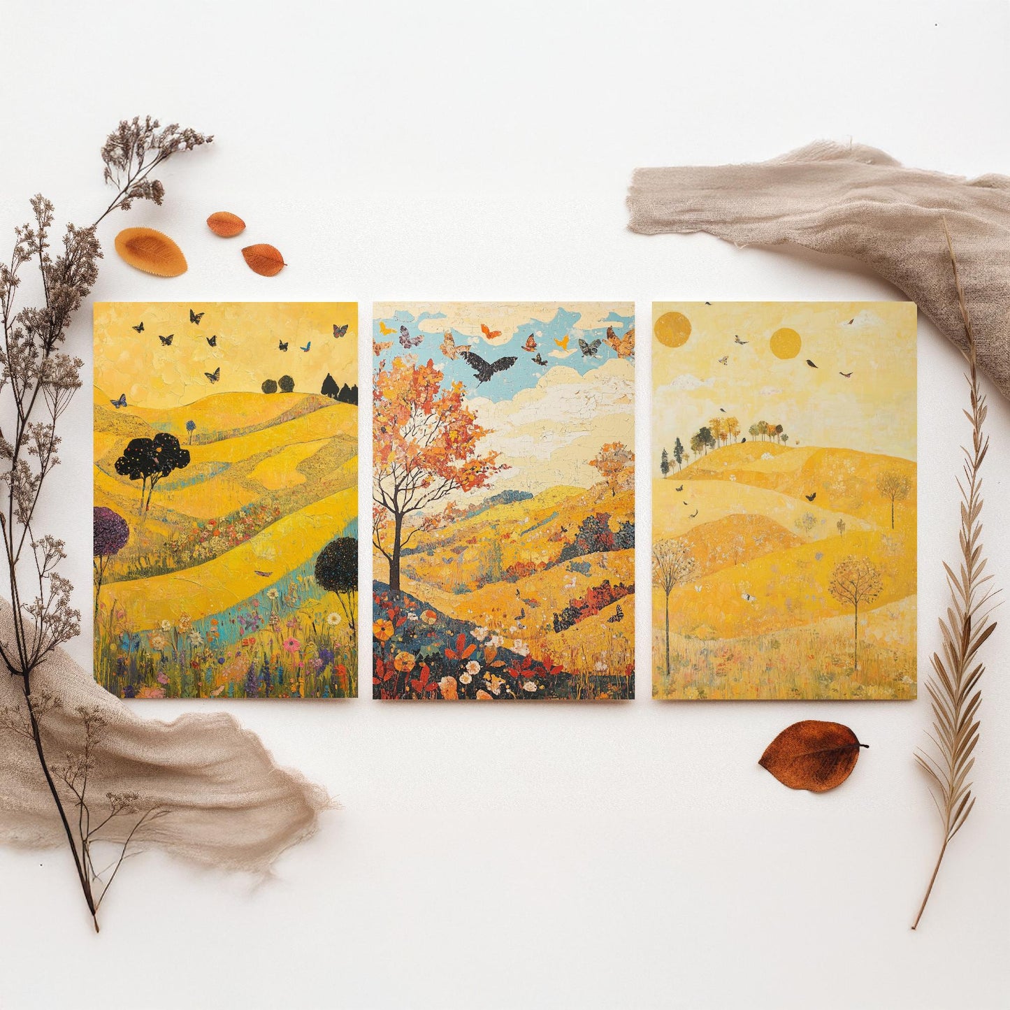 Rolling Hills Butterfly Set of Three Art Prints - Sunshine Yellow - Folk Meadow Poster Illustration Gift