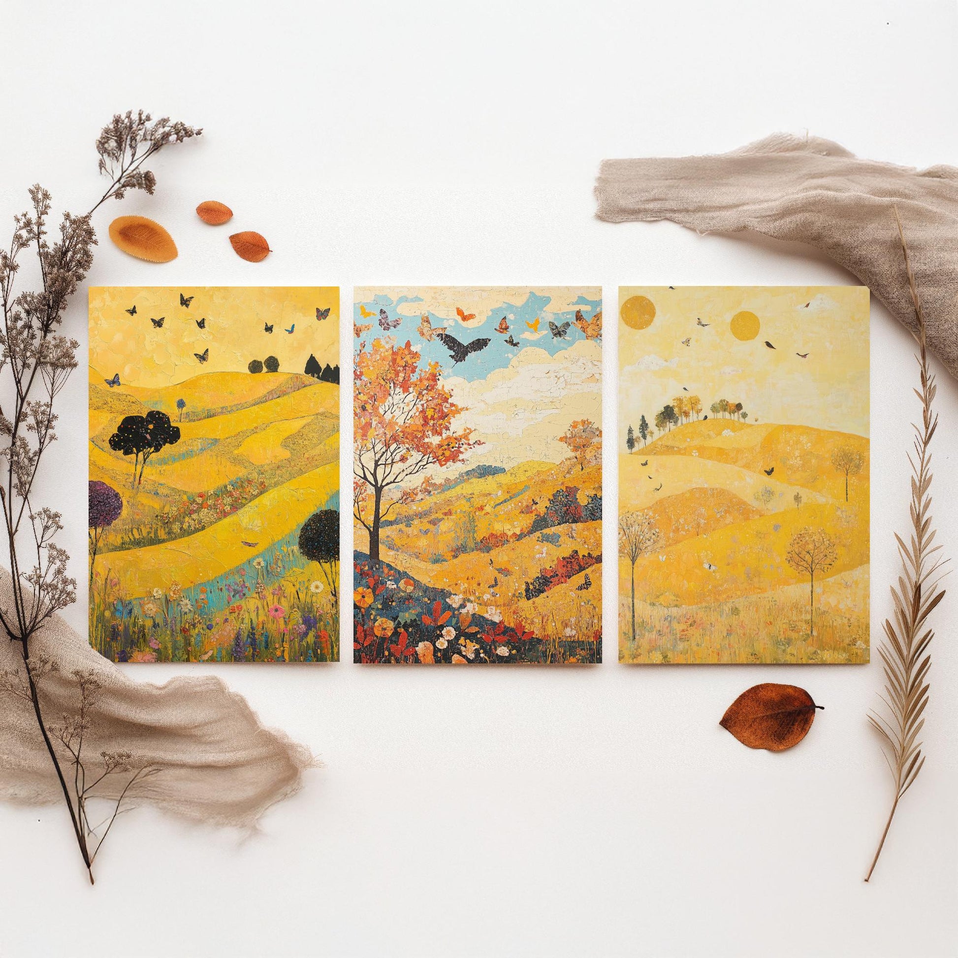 Rolling Hills Butterfly Set of Three Art Prints - Sunshine Yellow - Folk Meadow Poster Illustration Gift