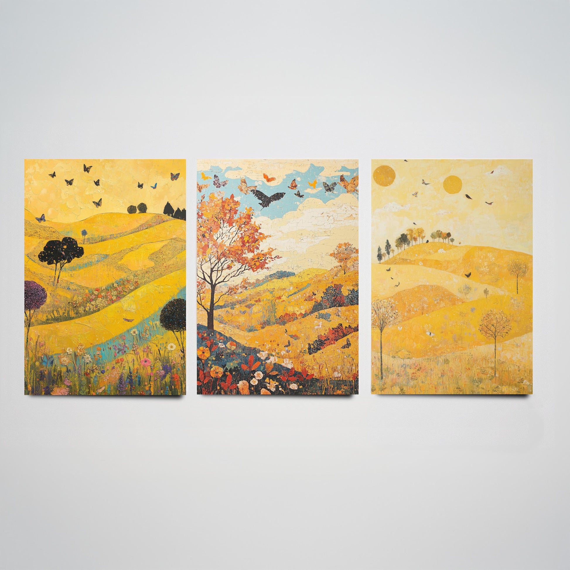 Rolling Hills Butterfly Set of Three Art Prints - Sunshine Yellow - Folk Meadow Poster Illustration Gift