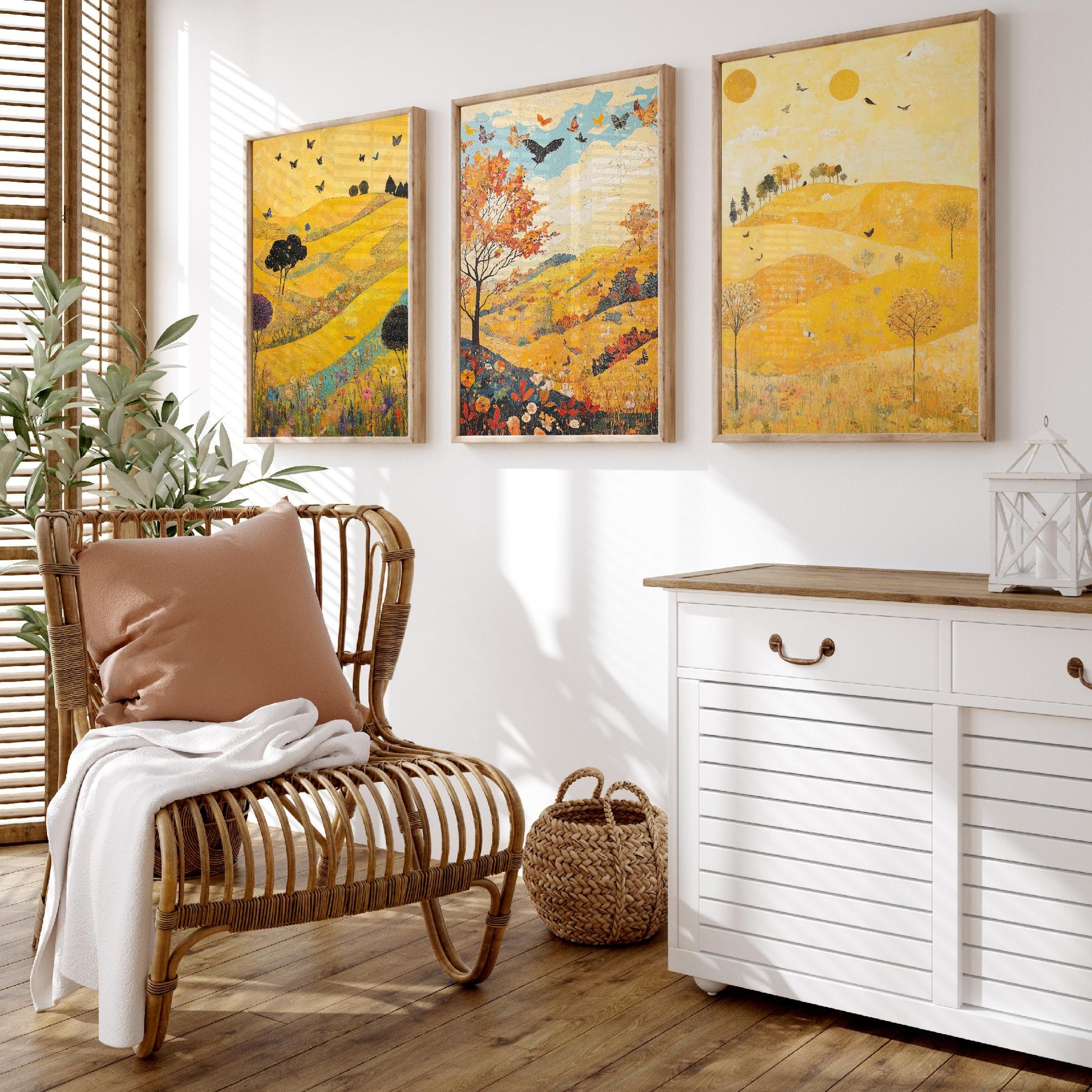 Rolling Hills Butterfly Set of Three Art Prints - Sunshine Yellow - Folk Meadow Poster Illustration Gift