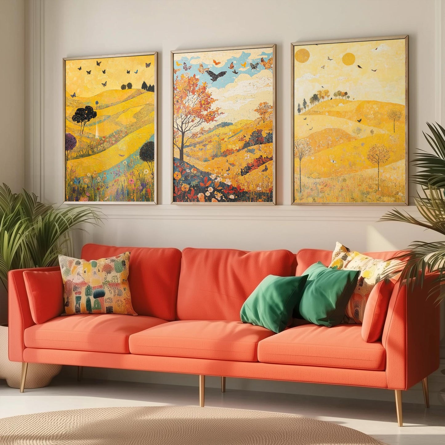 Rolling Hills Butterfly Set of Three Art Prints - Sunshine Yellow - Folk Meadow Poster Illustration Gift