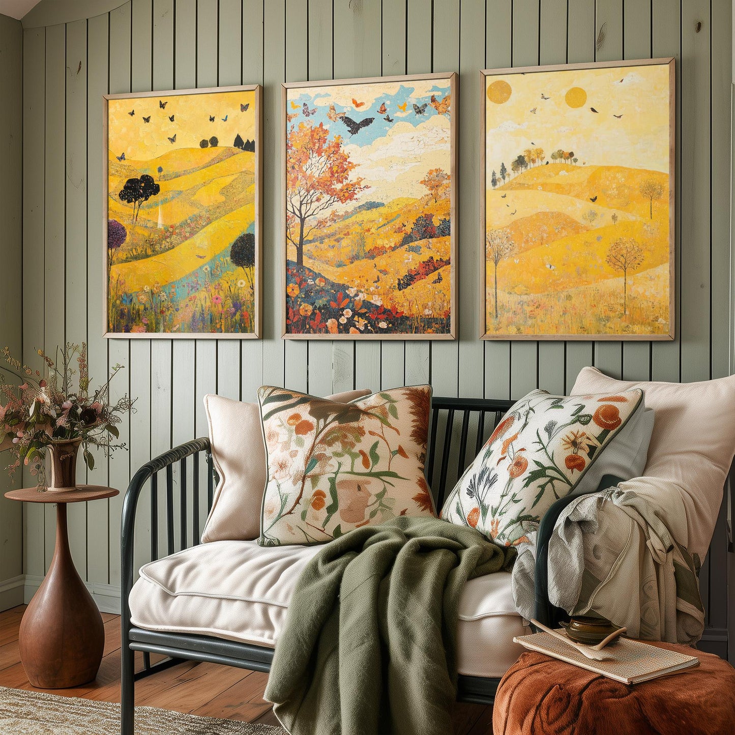 Rolling Hills Butterfly Set of Three Art Prints - Sunshine Yellow - Folk Meadow Poster Illustration Gift