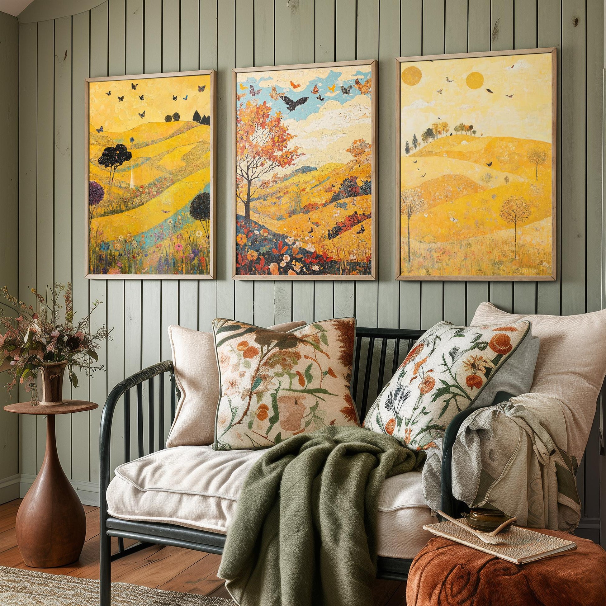 Rolling Hills Butterfly Set of Three Art Prints - Sunshine Yellow - Folk Meadow Poster Illustration Gift