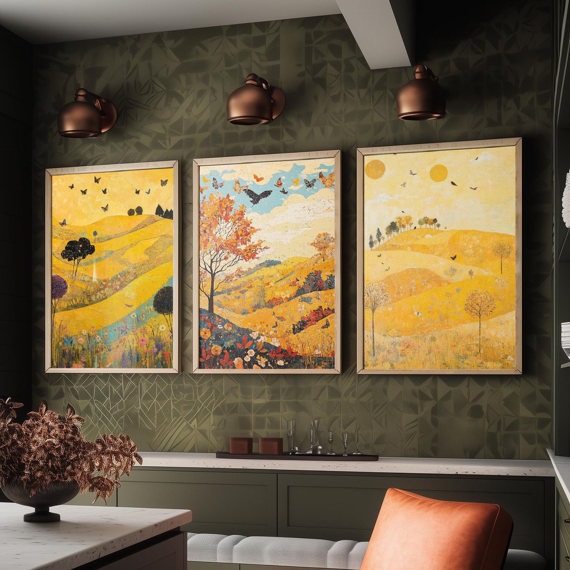 Rolling Hills Butterfly Set of Three Art Prints - Sunshine Yellow - Folk Meadow Poster Illustration Gift