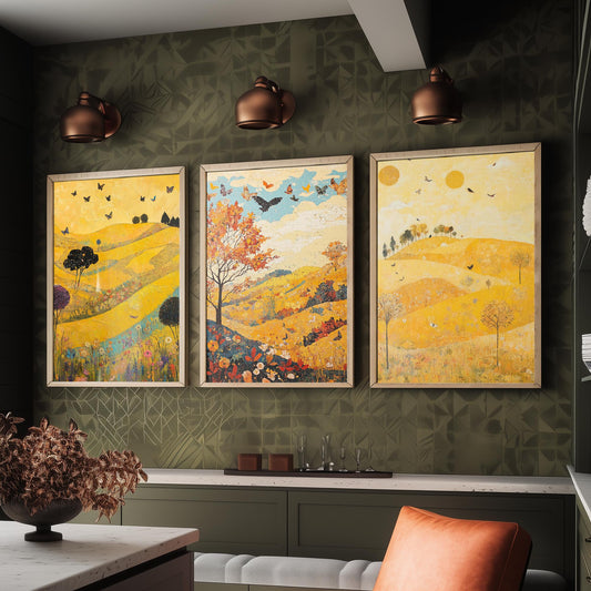 Rolling Hills Butterfly Set of Three Art Prints - Sunshine Yellow - Folk Meadow Poster Illustration Gift