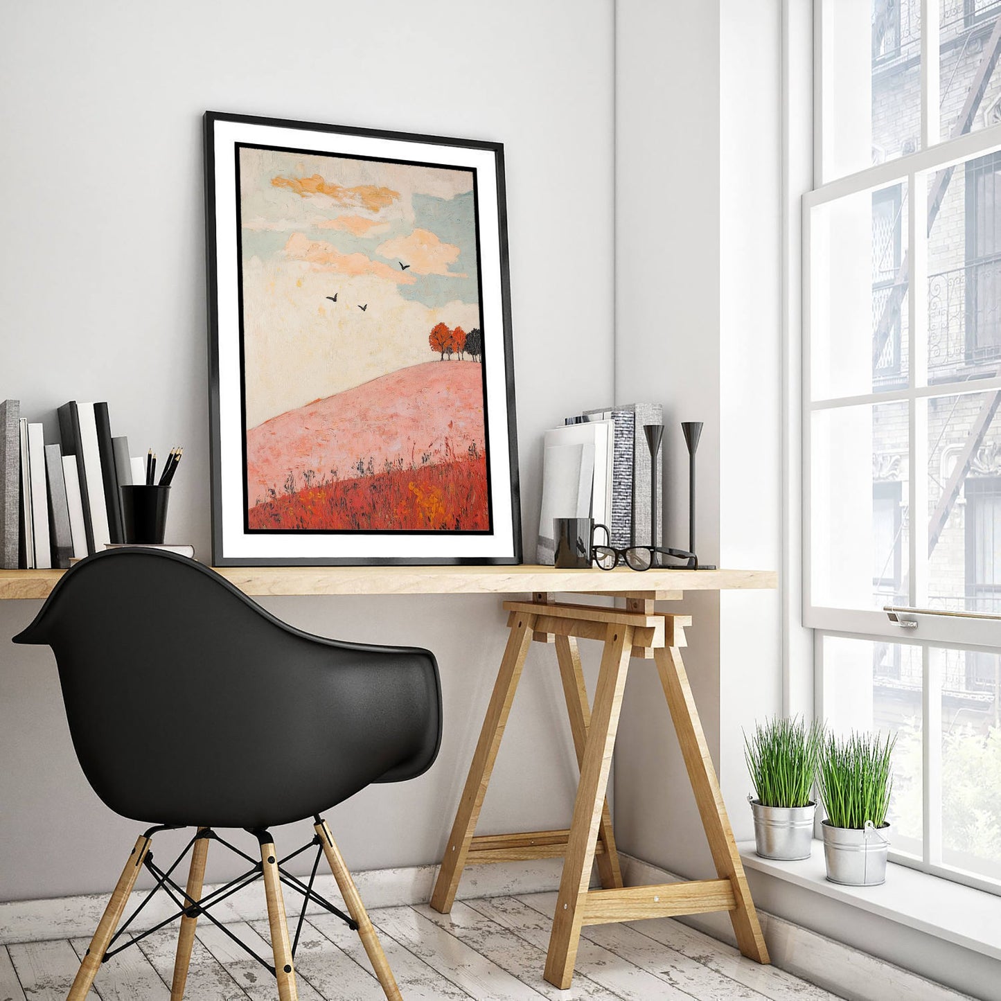 Rolling Hills Landscape Art Print - Butterfly Meadow Poster - Folk Art Painting - Taffy Charcoal and Rose 1/3