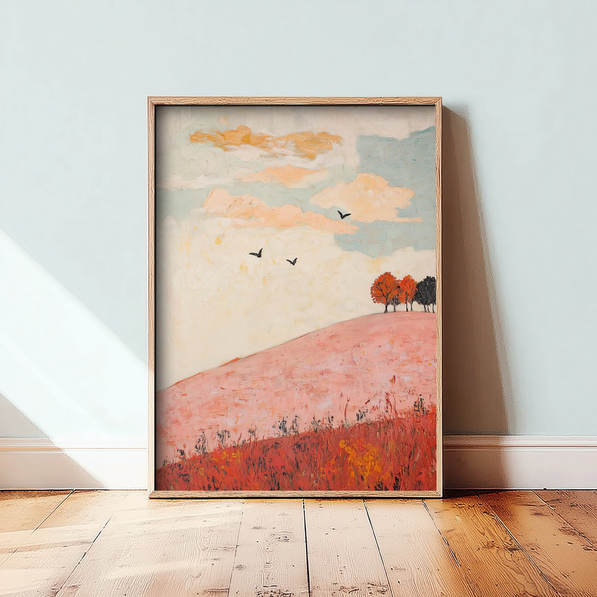 Rolling Hills Landscape Art Print - Butterfly Meadow Poster - Folk Art Painting - Taffy Charcoal and Rose 1/3