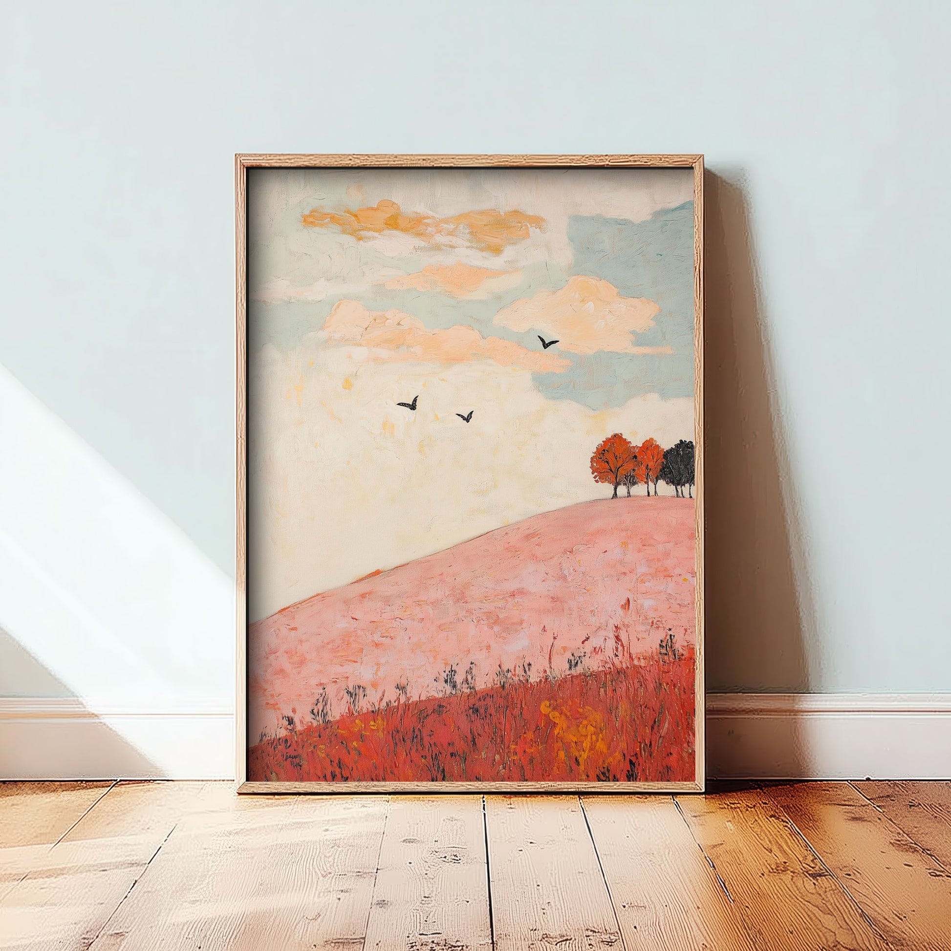 Rolling Hills Landscape Art Print - Butterfly Meadow Poster - Folk Art Painting - Taffy Charcoal and Rose 1/3