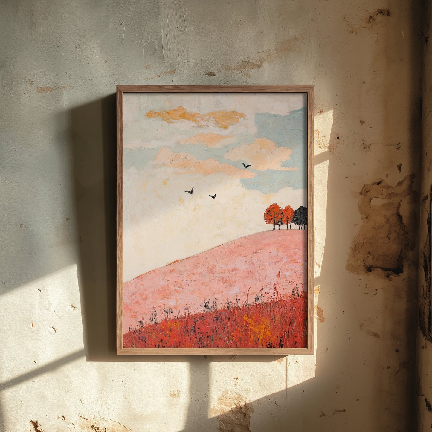 Rolling Hills Landscape Art Print - Butterfly Meadow Poster - Folk Art Painting - Taffy Charcoal and Rose 1/3