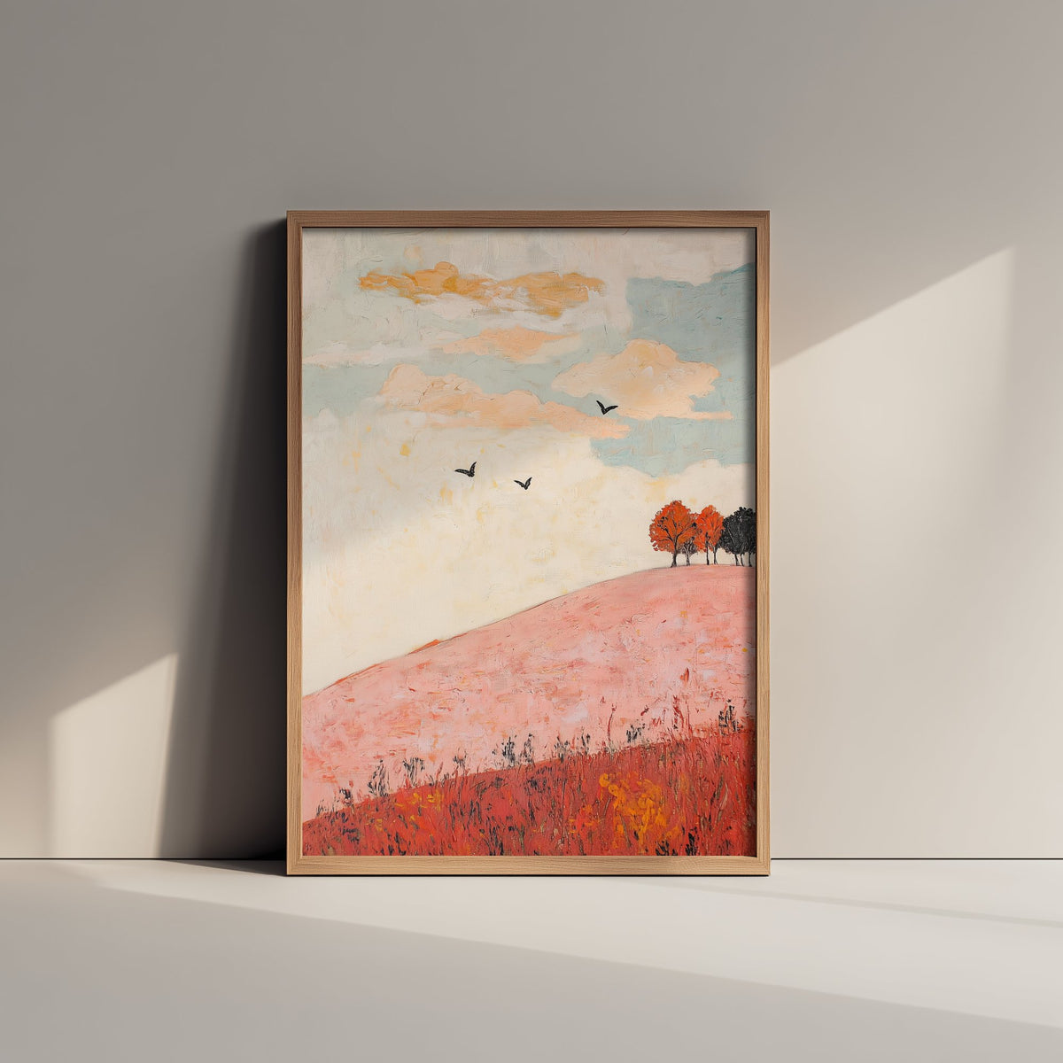 Rolling Hills Landscape Art Print - Butterfly Meadow Poster - Folk Art Painting - Taffy Charcoal and Rose 1/3