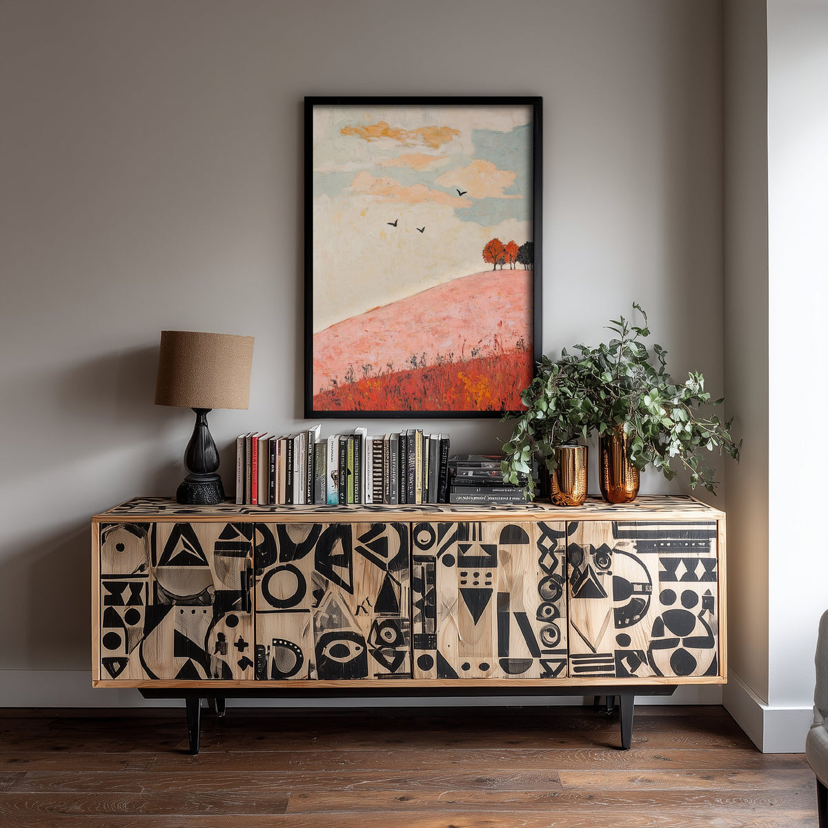 Rolling Hills Landscape Art Print - Butterfly Meadow Poster - Folk Art Painting - Taffy Charcoal and Rose 1/3