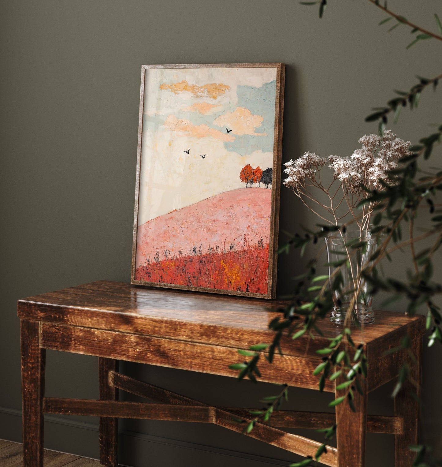 Rolling Hills Landscape Art Print - Butterfly Meadow Poster - Folk Art Painting - Taffy Charcoal and Rose 1/3