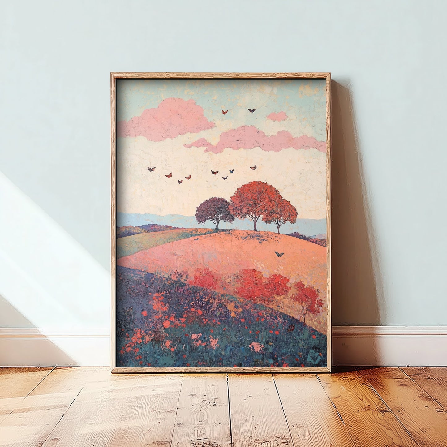 Rolling Hills Landscape Art Print - Butterfly Meadow Poster - Folk Art Painting - Taffy Charcoal and Rose 2/3