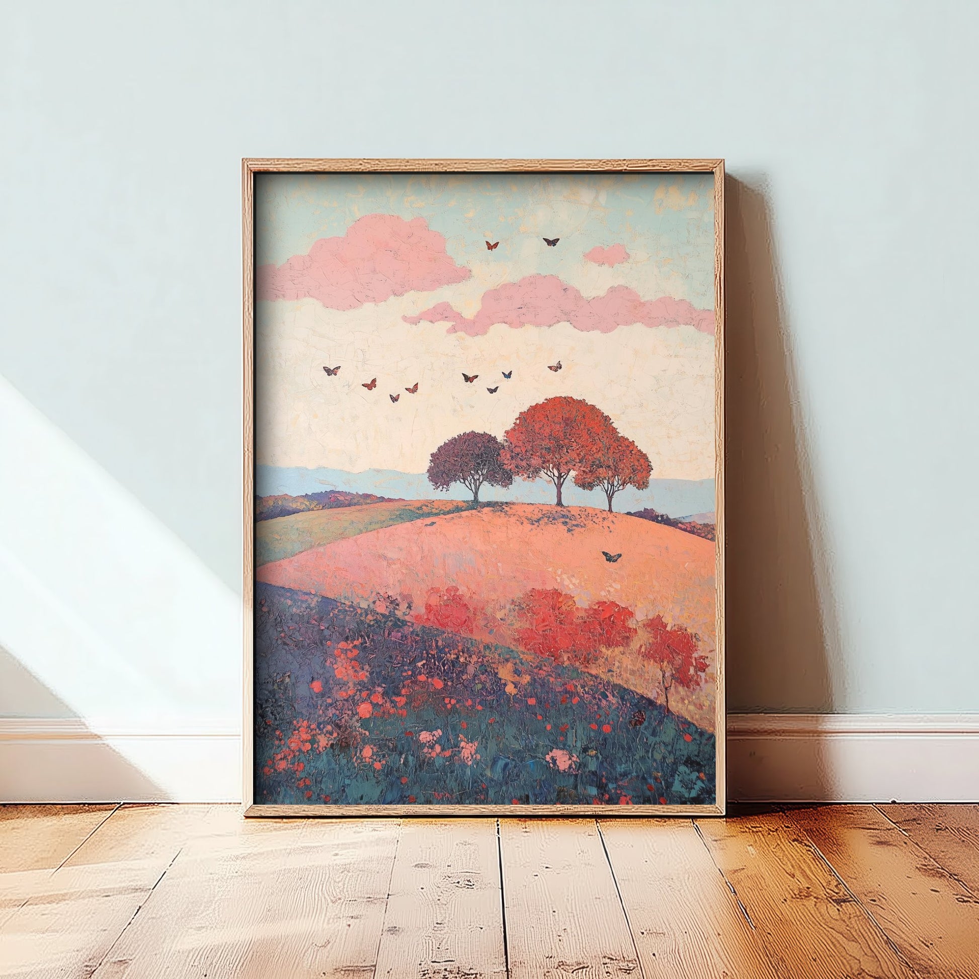 Rolling Hills Landscape Art Print - Butterfly Meadow Poster - Folk Art Painting - Taffy Charcoal and Rose 2/3