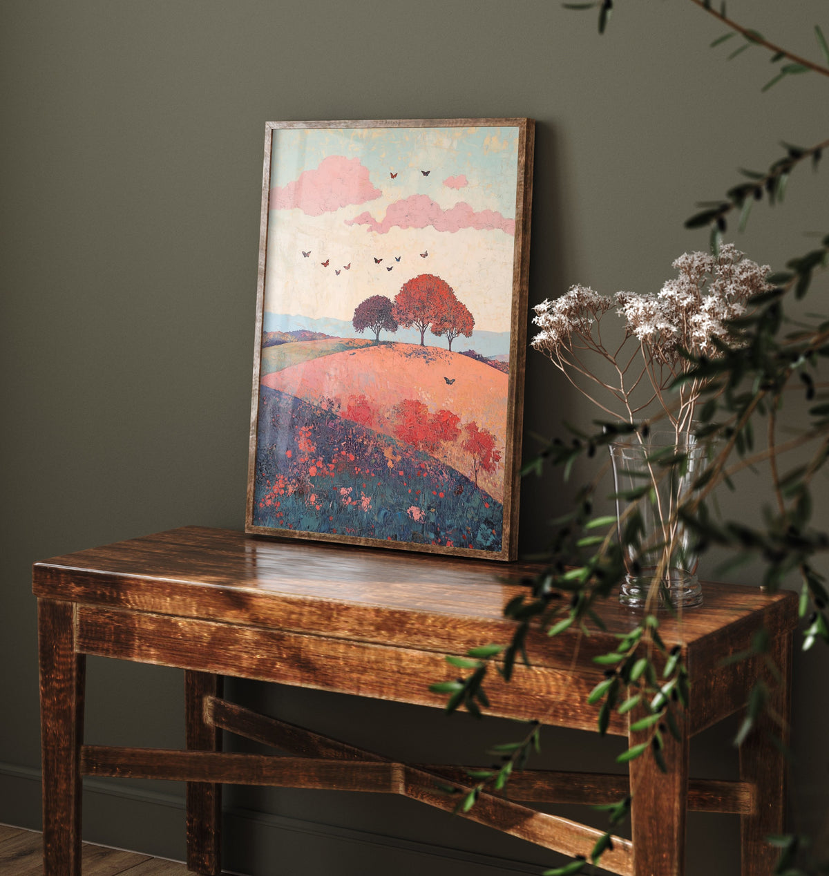 Rolling Hills Landscape Art Print - Butterfly Meadow Poster - Folk Art Painting - Taffy Charcoal and Rose 2/3
