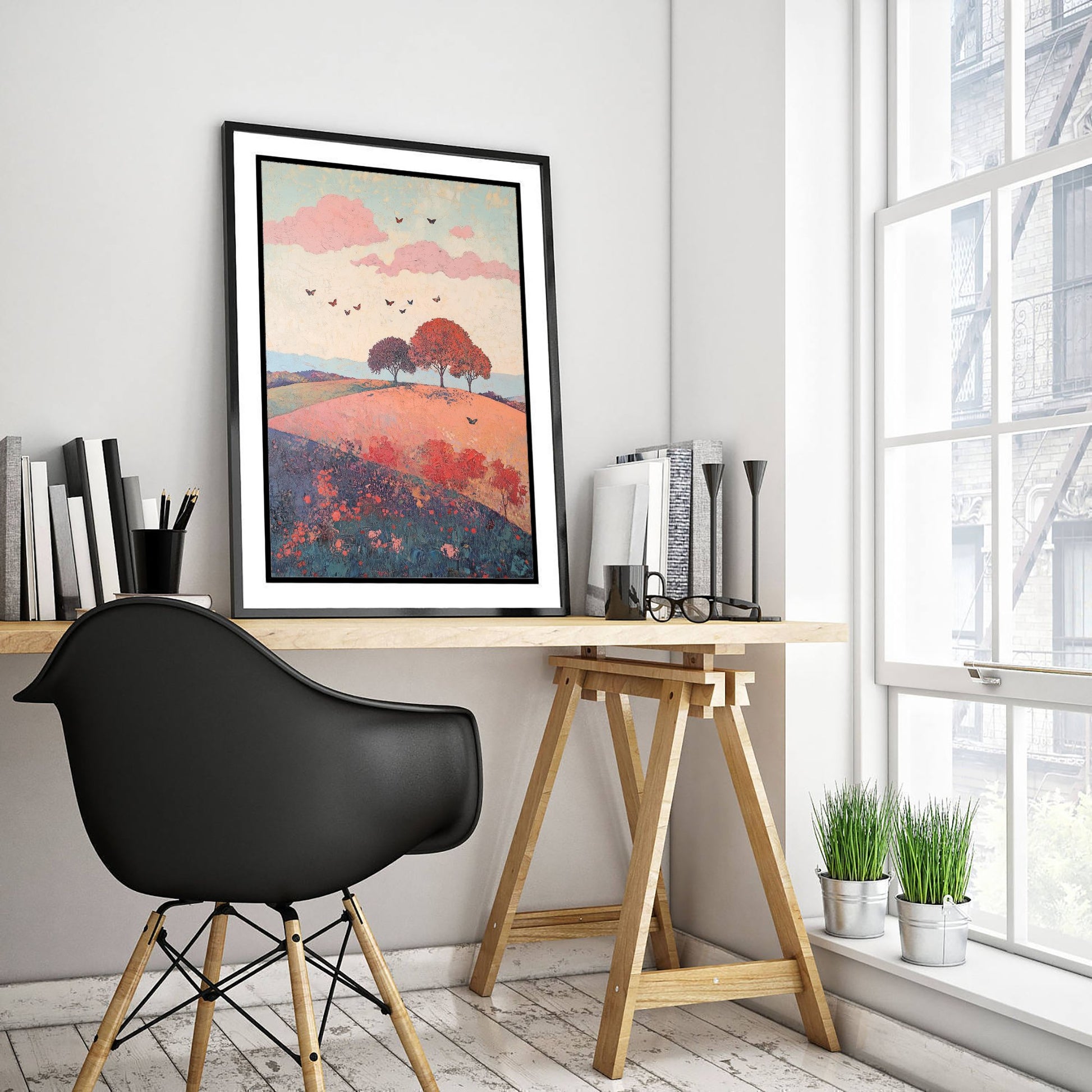 Rolling Hills Landscape Art Print - Butterfly Meadow Poster - Folk Art Painting - Taffy Charcoal and Rose 2/3