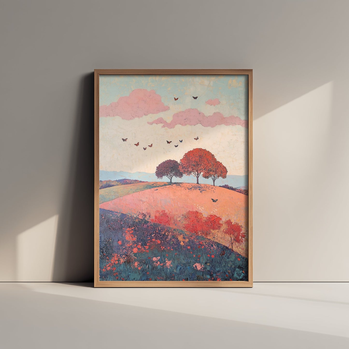 Rolling Hills Landscape Art Print - Butterfly Meadow Poster - Folk Art Painting - Taffy Charcoal and Rose 2/3