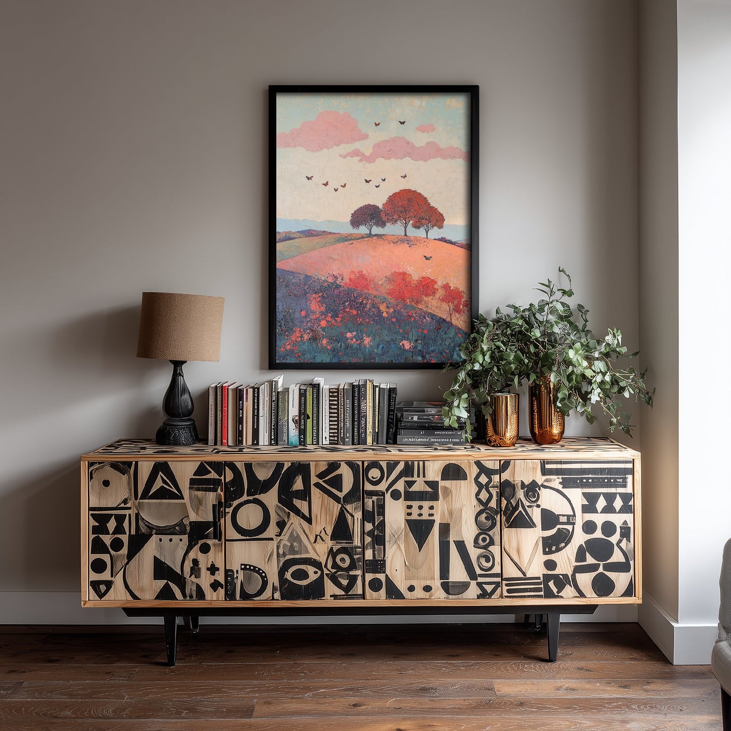Rolling Hills Landscape Art Print - Butterfly Meadow Poster - Folk Art Painting - Taffy Charcoal and Rose 2/3