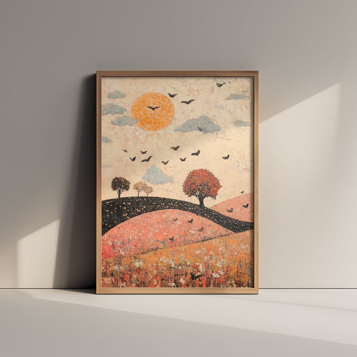 Rolling Hills Landscape Art Print - Butterfly Meadow Poster - Folk Art Painting - Taffy Charcoal and Rose 3/3