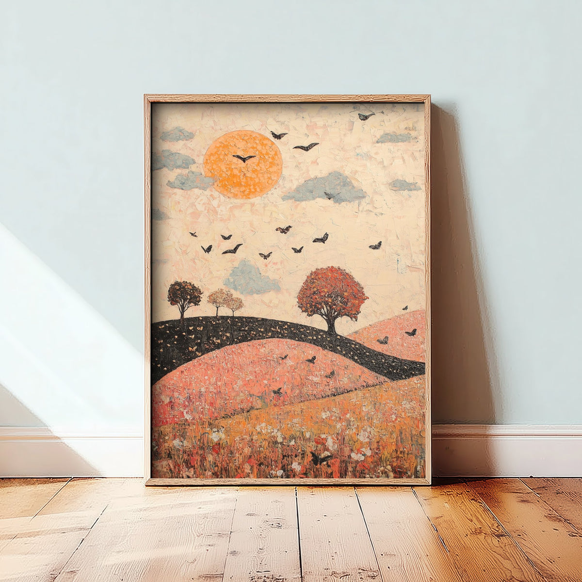 Rolling Hills Landscape Art Print - Butterfly Meadow Poster - Folk Art Painting - Taffy Charcoal and Rose 3/3