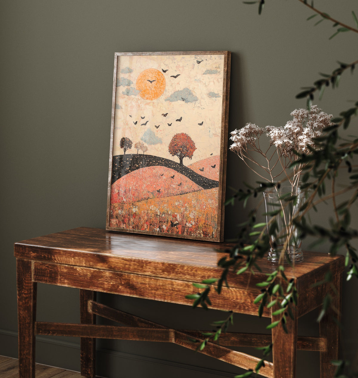 Rolling Hills Landscape Art Print - Butterfly Meadow Poster - Folk Art Painting - Taffy Charcoal and Rose 3/3