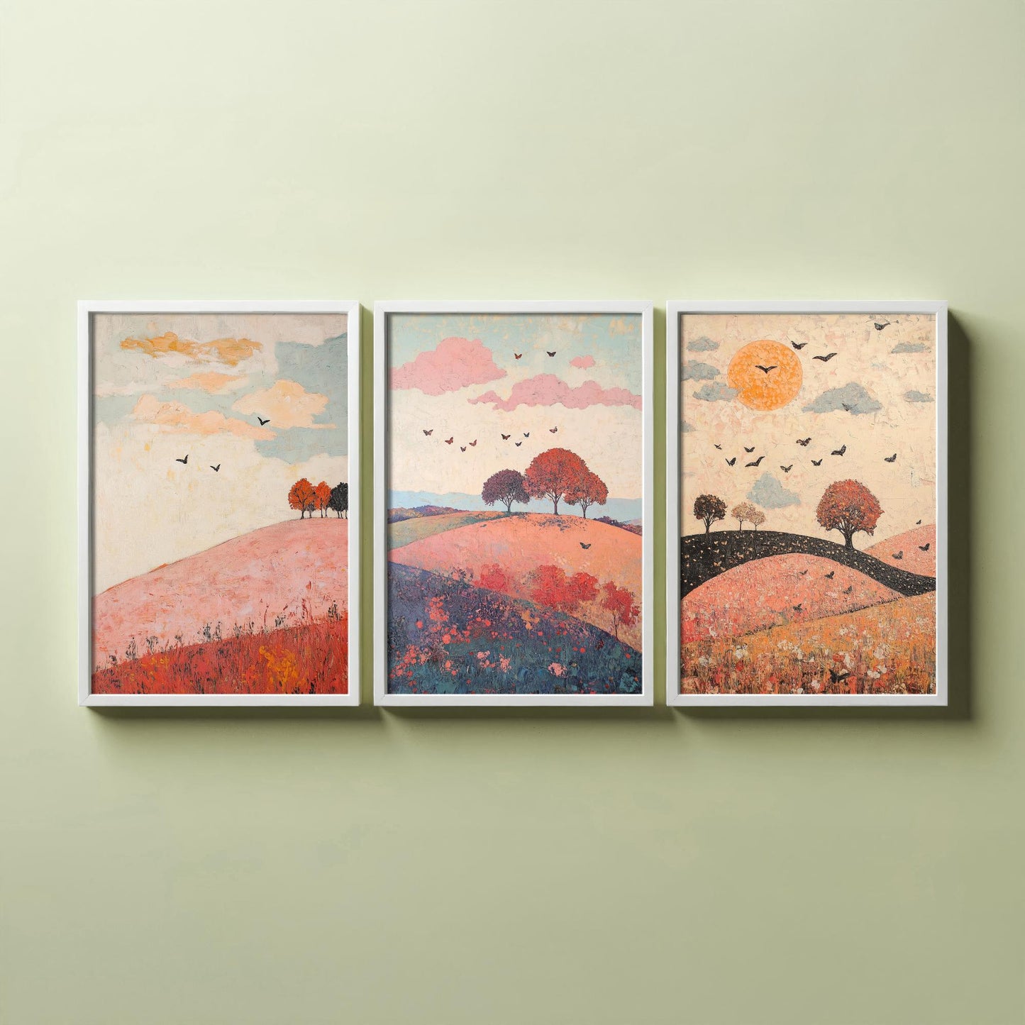 Rolling Hills Butterfly Set of Three Art Prints - Taffy Charcoal and Rose - Folk Meadow Poster Illustration Gift