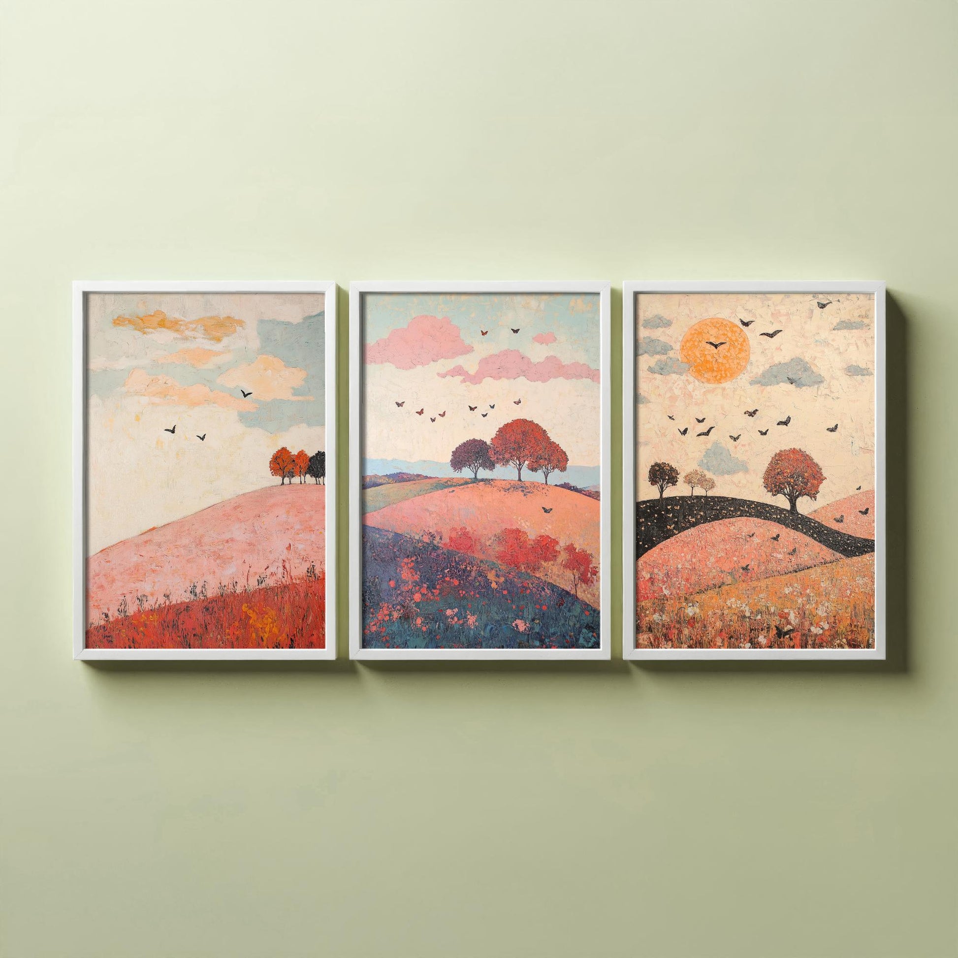 Rolling Hills Butterfly Set of Three Art Prints - Taffy Charcoal and Rose - Folk Meadow Poster Illustration Gift