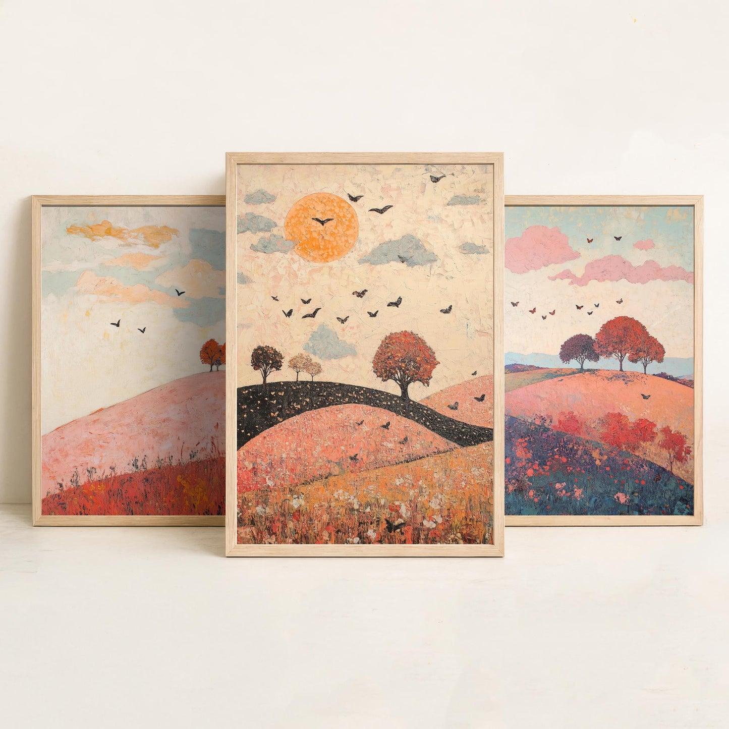 Rolling Hills Butterfly Set of Three Art Prints - Taffy Charcoal and Rose - Folk Meadow Poster Illustration Gift