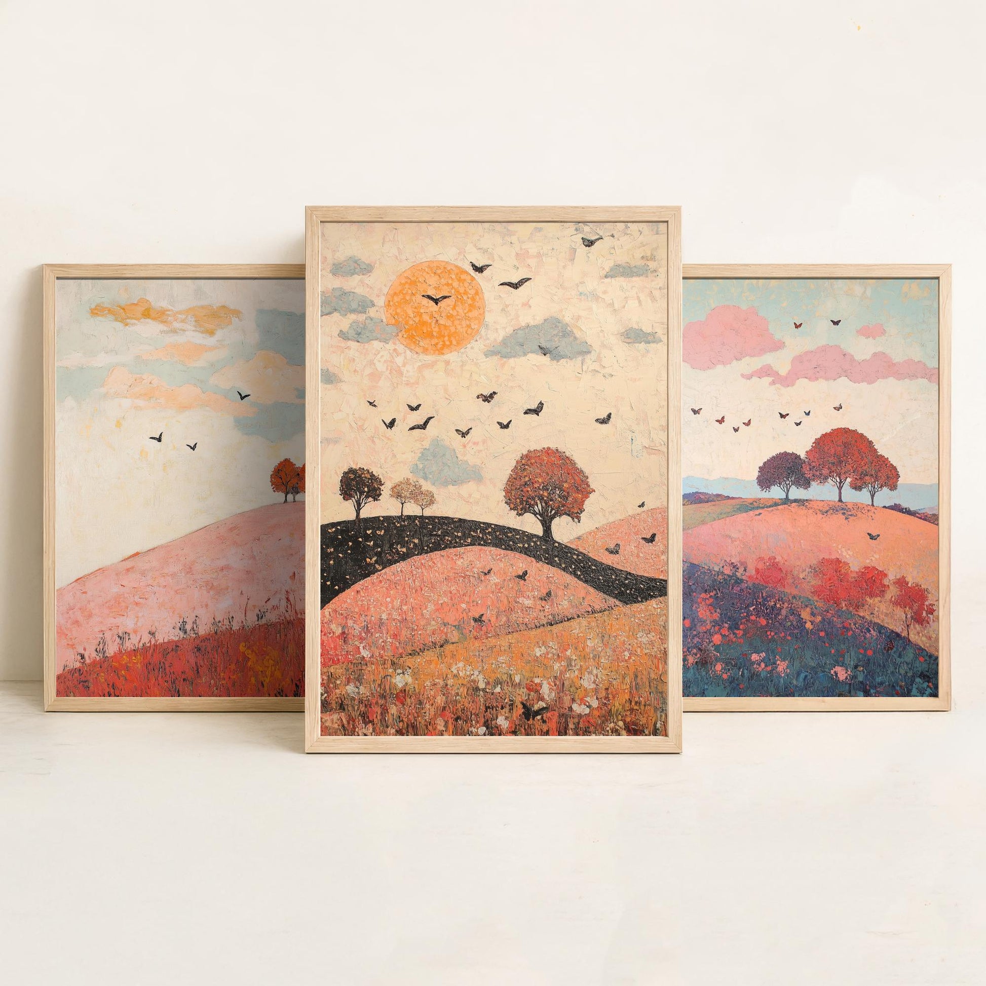 Rolling Hills Butterfly Set of Three Art Prints - Taffy Charcoal and Rose - Folk Meadow Poster Illustration Gift