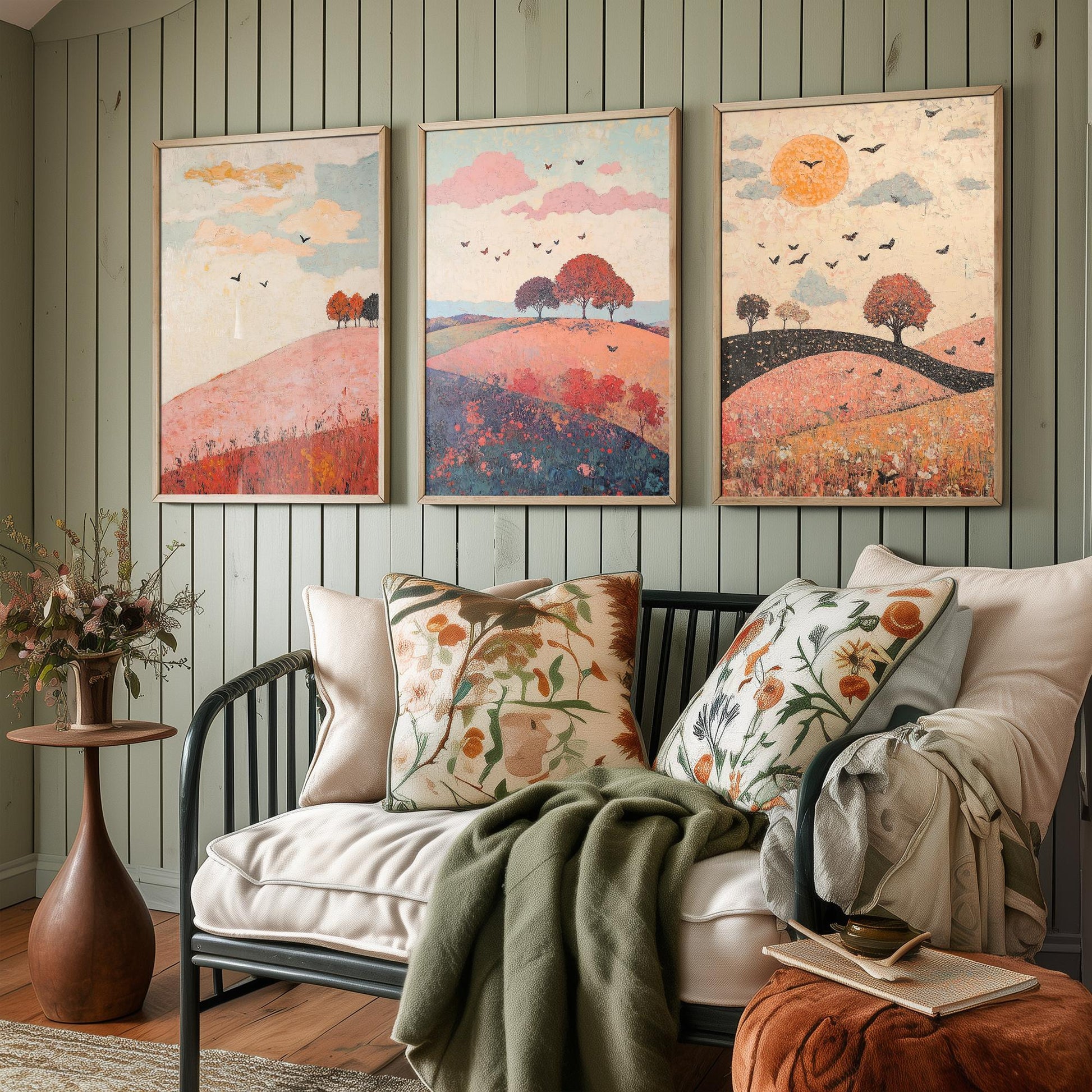 Rolling Hills Butterfly Set of Three Art Prints - Taffy Charcoal and Rose - Folk Meadow Poster Illustration Gift