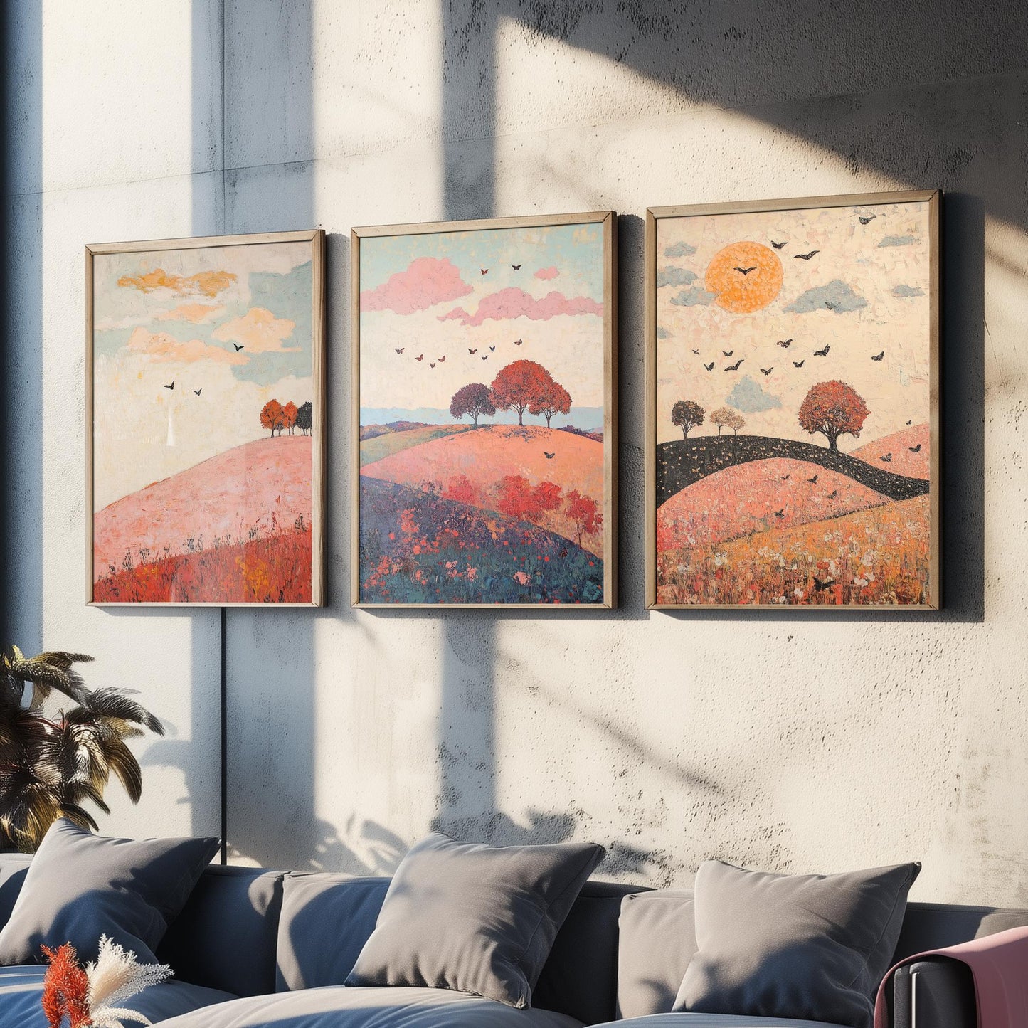 Rolling Hills Butterfly Set of Three Art Prints - Taffy Charcoal and Rose - Folk Meadow Poster Illustration Gift