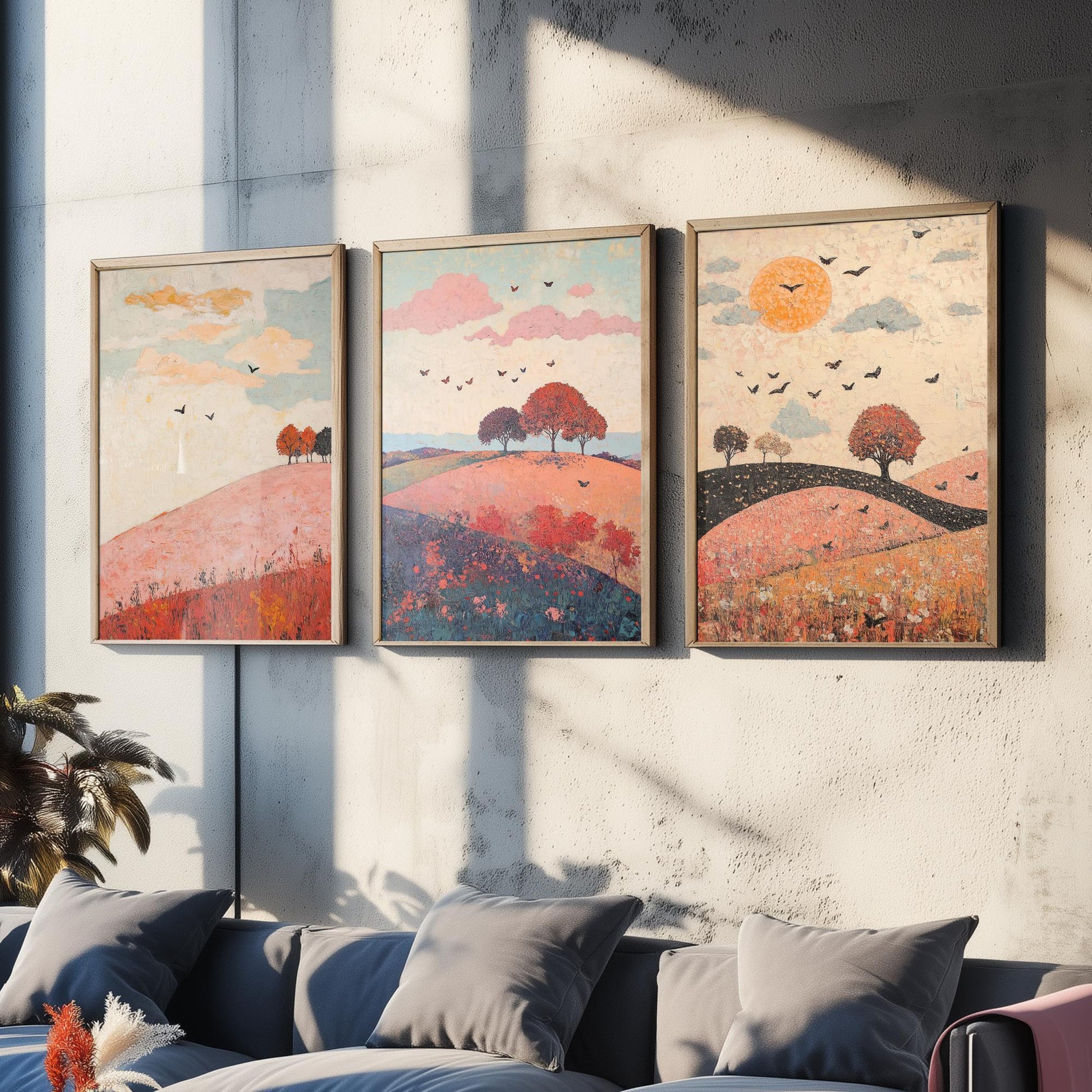 Rolling Hills Butterfly Set of Three Art Prints - Taffy Charcoal and Rose - Folk Meadow Poster Illustration Gift
