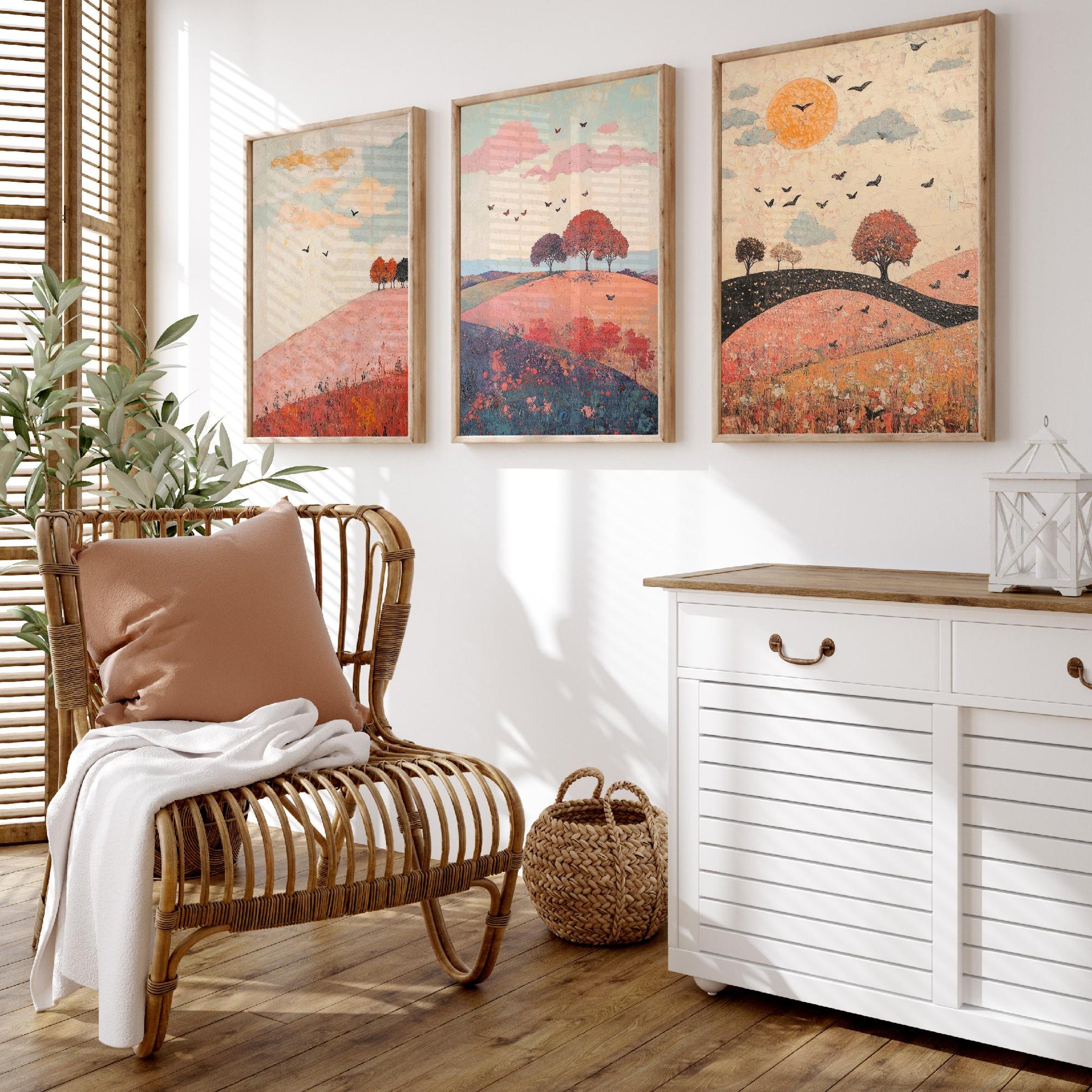 Rolling Hills Butterfly Set of Three Art Prints - Taffy Charcoal and Rose - Folk Meadow Poster Illustration Gift
