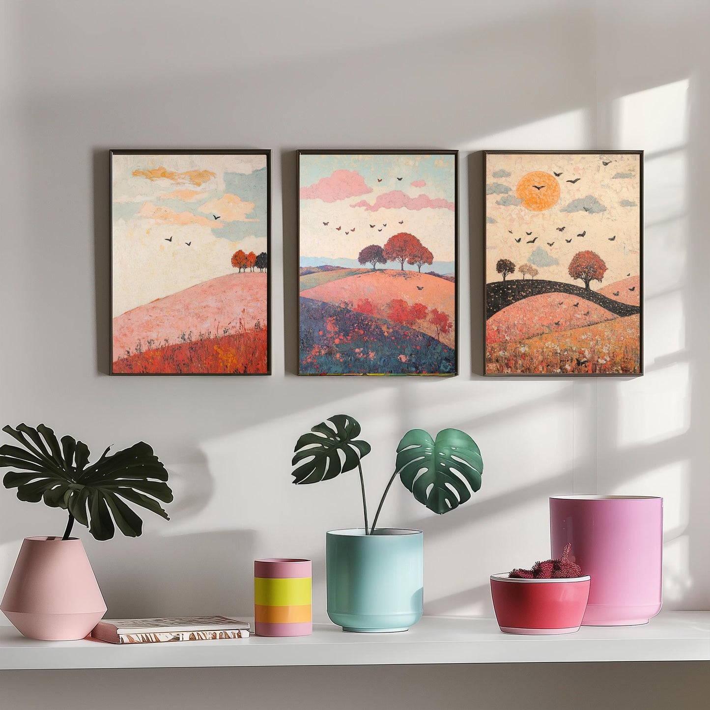 Rolling Hills Butterfly Set of Three Art Prints - Taffy Charcoal and Rose - Folk Meadow Poster Illustration Gift