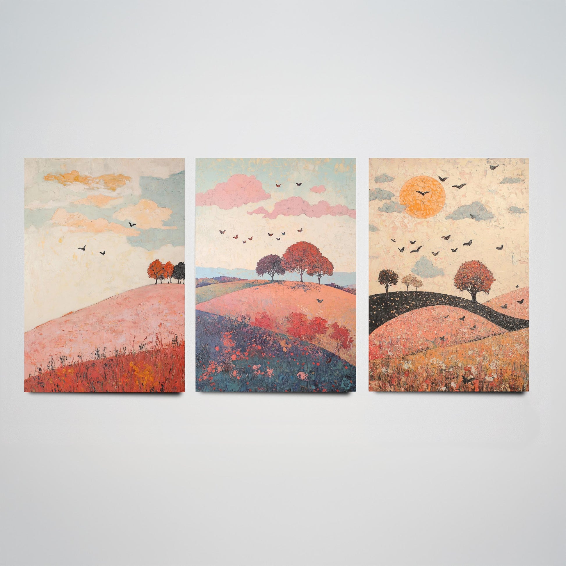 Rolling Hills Butterfly Set of Three Art Prints - Taffy Charcoal and Rose - Folk Meadow Poster Illustration Gift