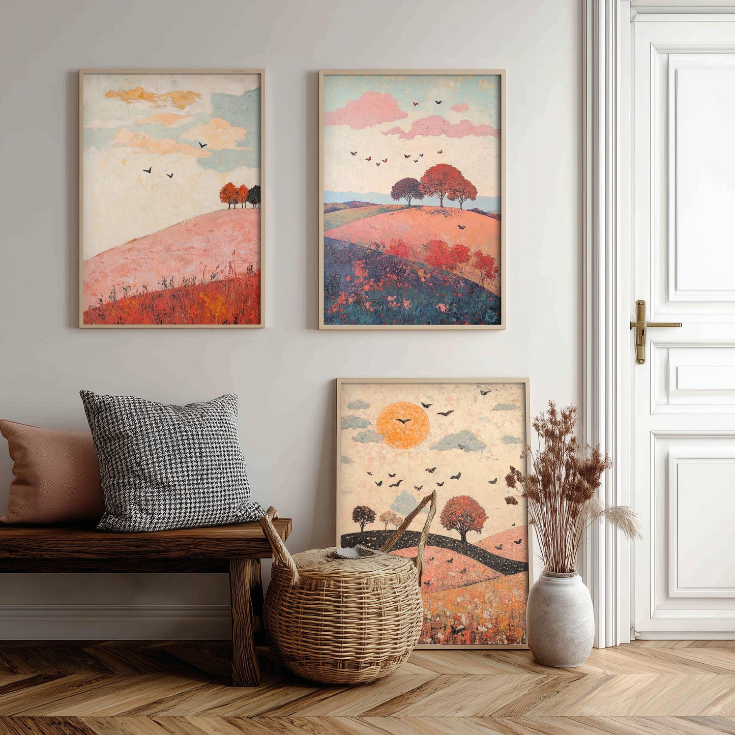 Rolling Hills Butterfly Set of Three Art Prints - Taffy Charcoal and Rose - Folk Meadow Poster Illustration Gift