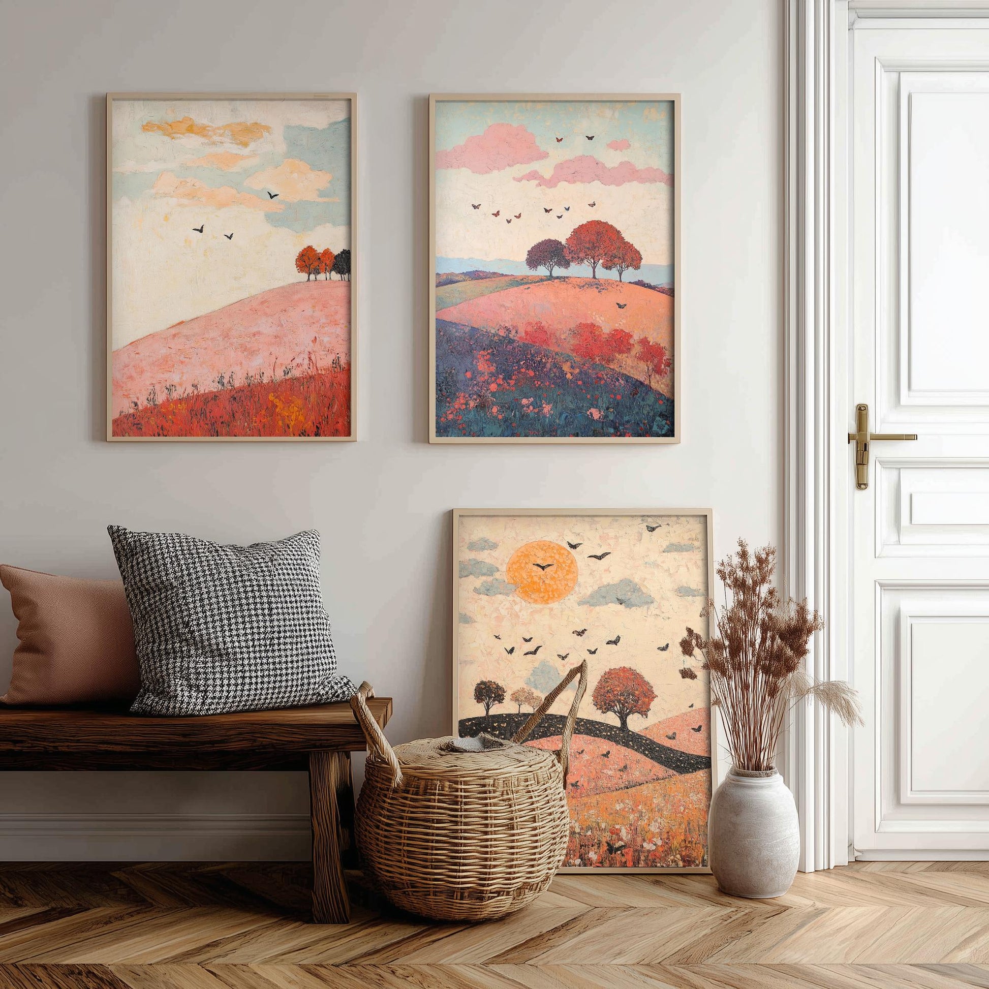 Rolling Hills Butterfly Set of Three Art Prints - Taffy Charcoal and Rose - Folk Meadow Poster Illustration Gift