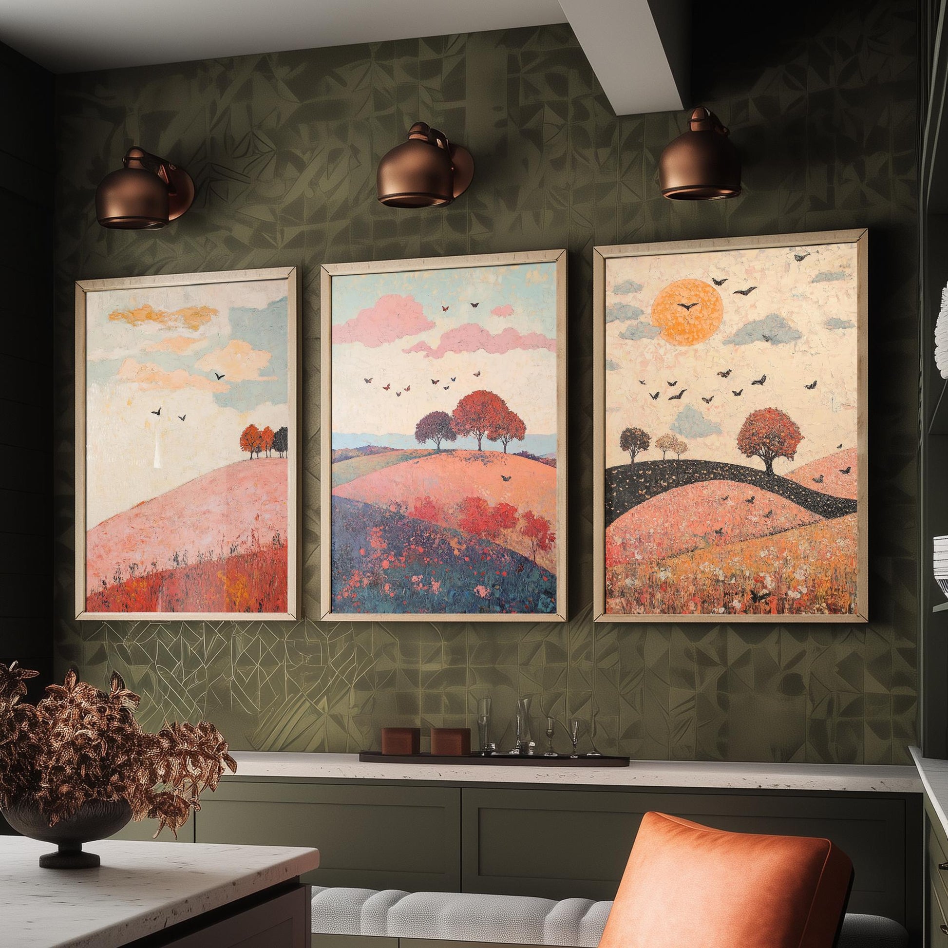 Rolling Hills Butterfly Set of Three Art Prints - Taffy Charcoal and Rose - Folk Meadow Poster Illustration Gift