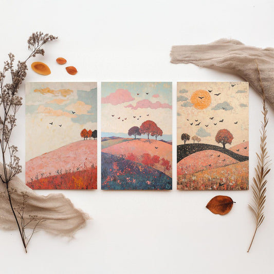 Rolling Hills Butterfly Set of Three Art Prints - Taffy Charcoal and Rose - Folk Meadow Poster Illustration Gift