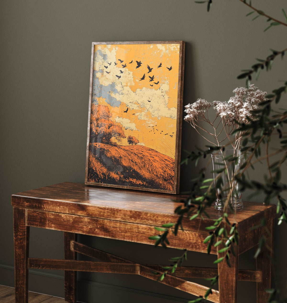 Rolling Hills Landscape Art Print - Butterfly Meadow Poster - Folk Art Painting - Tangerine Ink and Ash 1/3