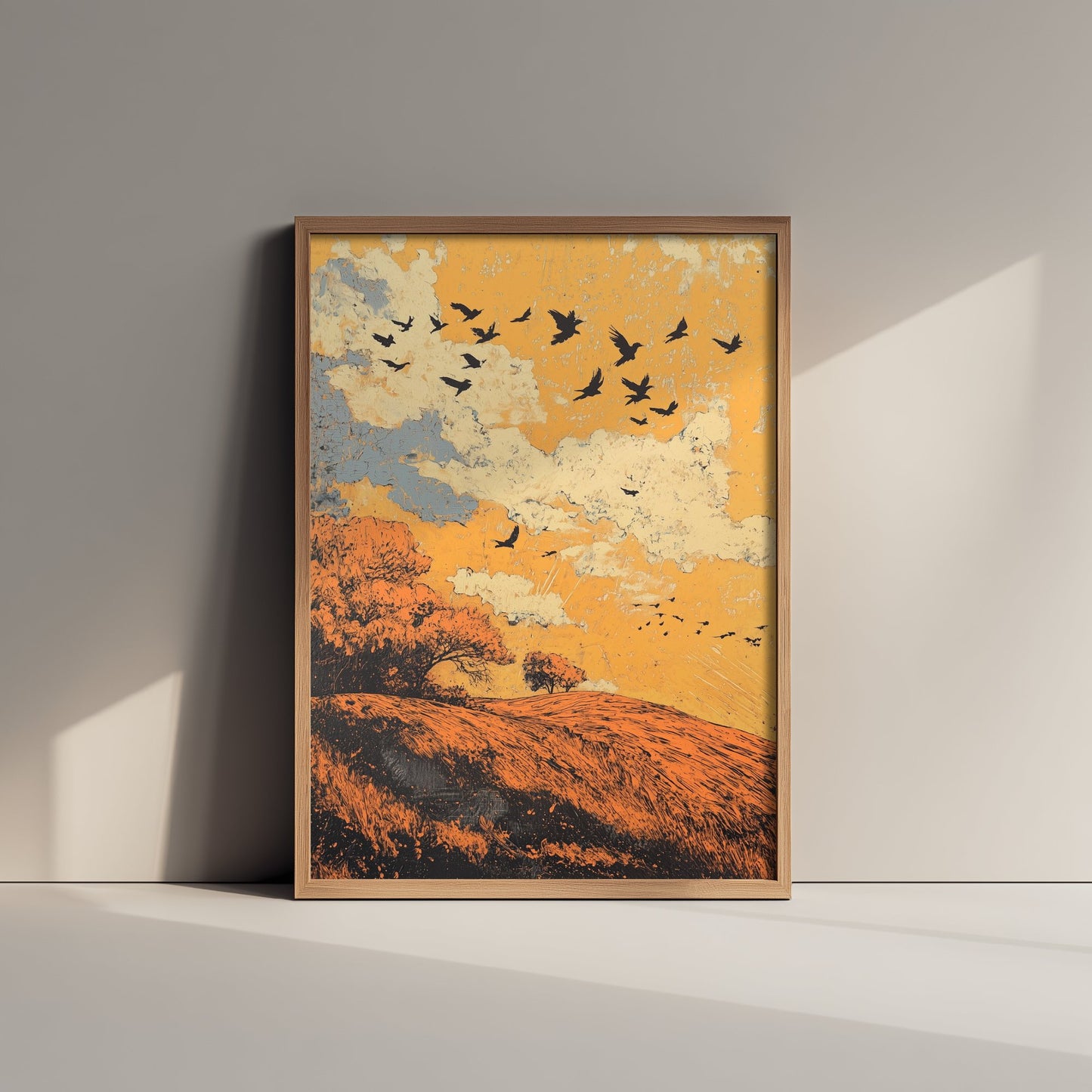 Rolling Hills Landscape Art Print - Butterfly Meadow Poster - Folk Art Painting - Tangerine Ink and Ash 1/3