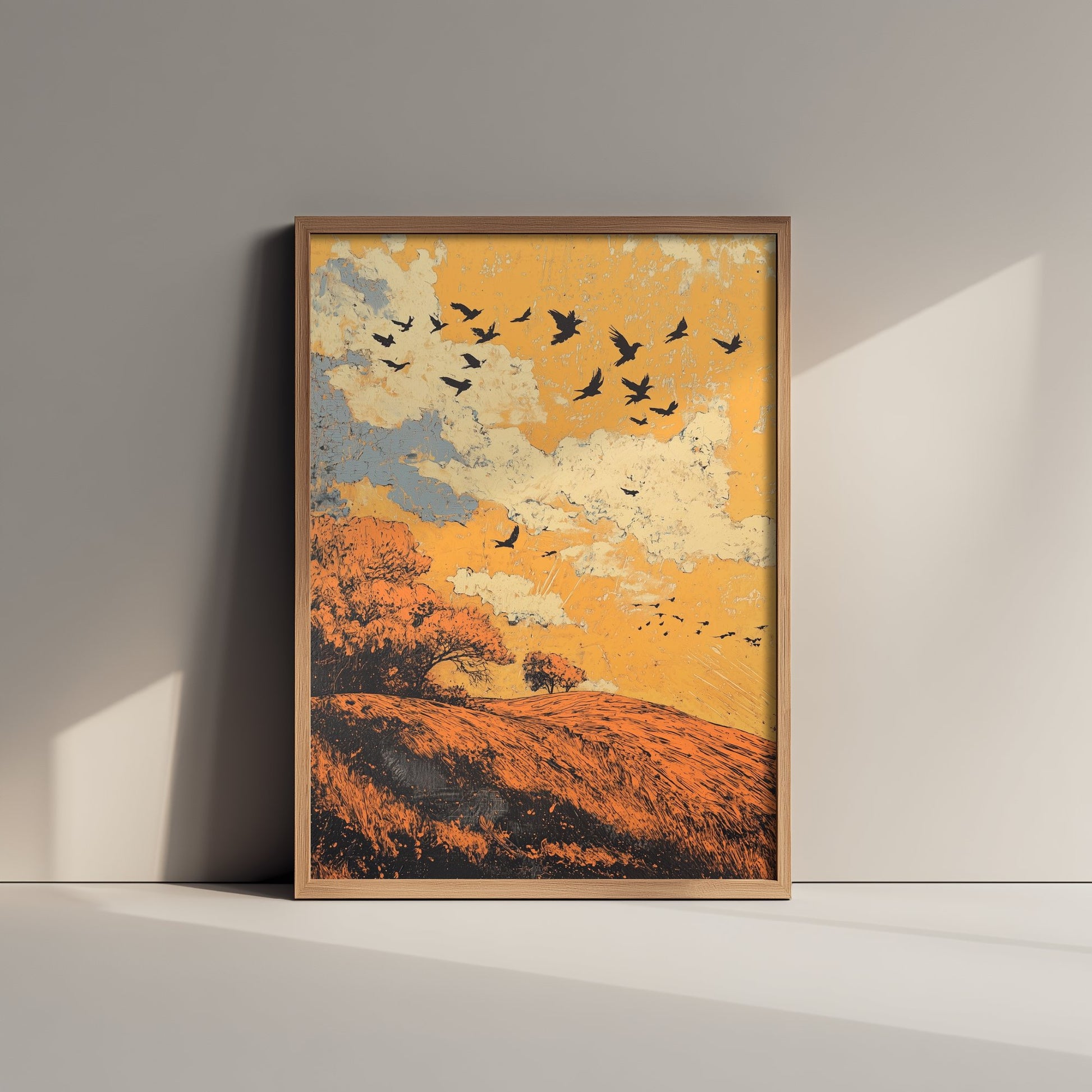 Rolling Hills Landscape Art Print - Butterfly Meadow Poster - Folk Art Painting - Tangerine Ink and Ash 1/3