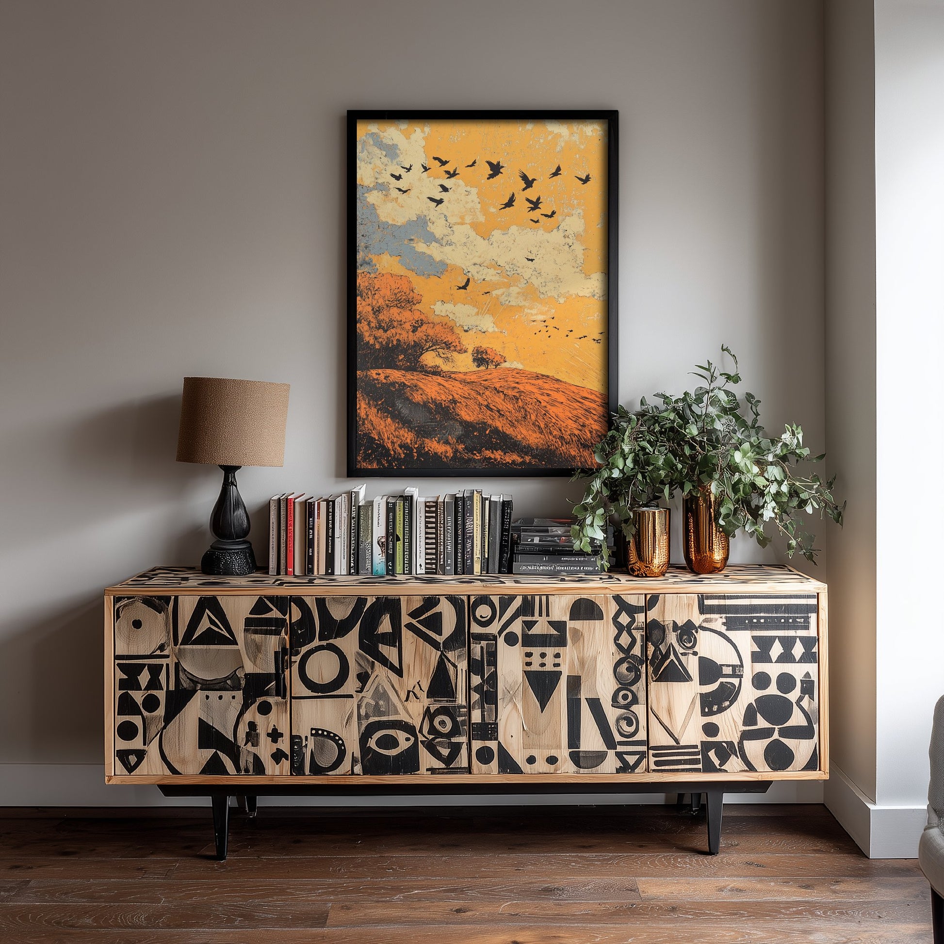 Rolling Hills Landscape Art Print - Butterfly Meadow Poster - Folk Art Painting - Tangerine Ink and Ash 1/3
