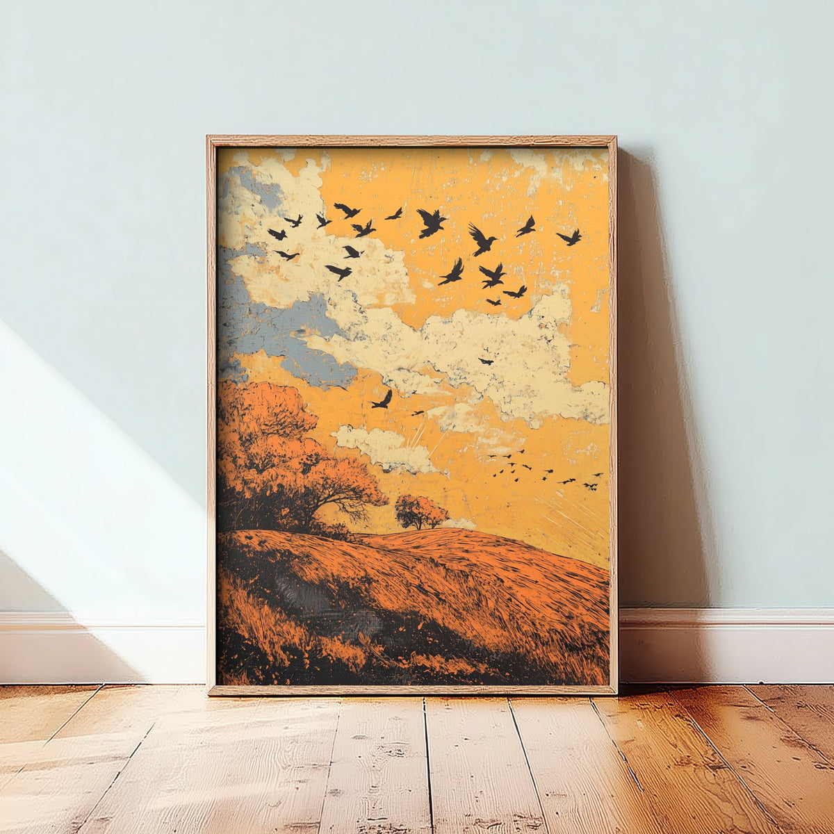 Rolling Hills Landscape Art Print - Butterfly Meadow Poster - Folk Art Painting - Tangerine Ink and Ash 1/3
