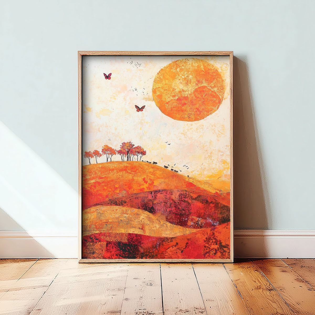 Rolling Hills Landscape Art Print - Butterfly Meadow Poster - Folk Art Painting - Tangerine Ink and Ash 2/3