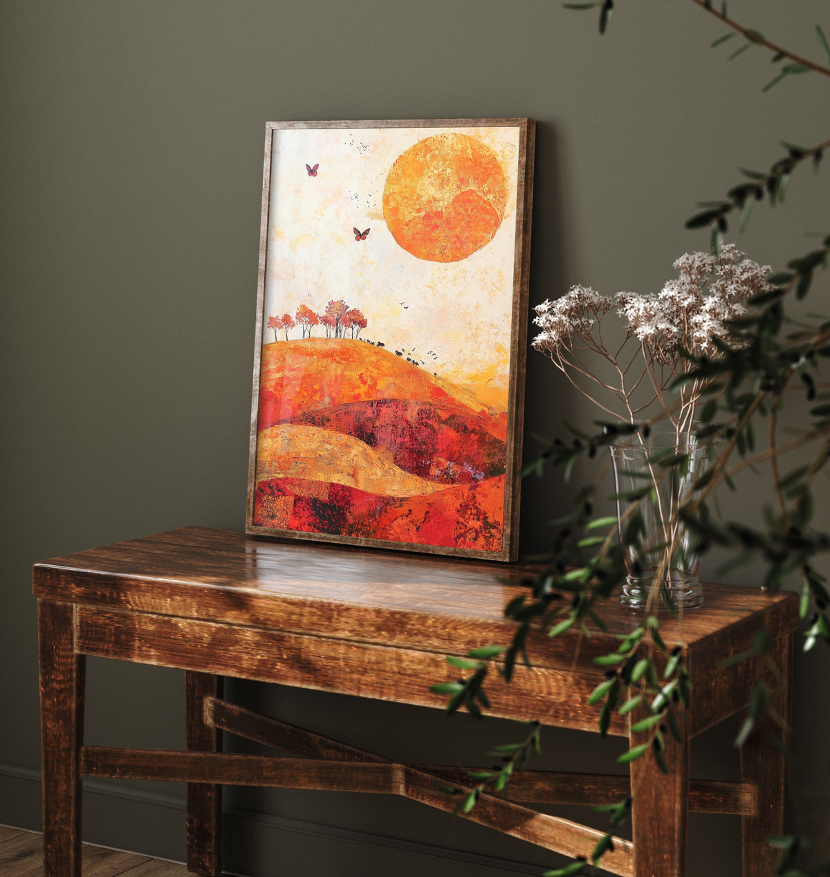 Rolling Hills Landscape Art Print - Butterfly Meadow Poster - Folk Art Painting - Tangerine Ink and Ash 2/3